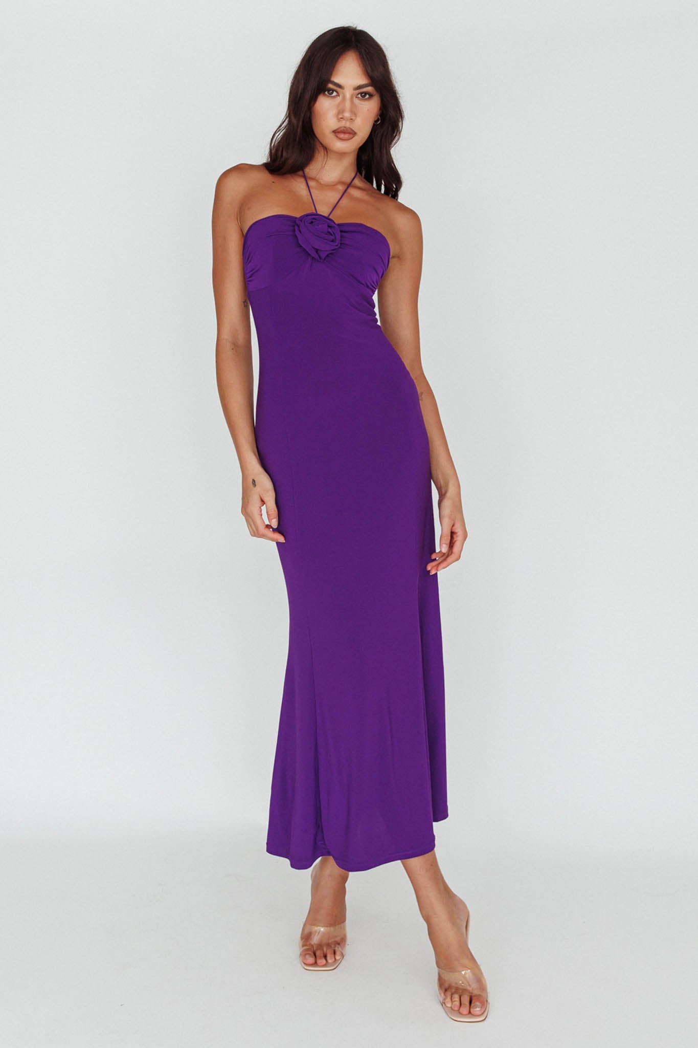 Ibiza Sunset Bust Flower Midi Dress Purple-Maymioy