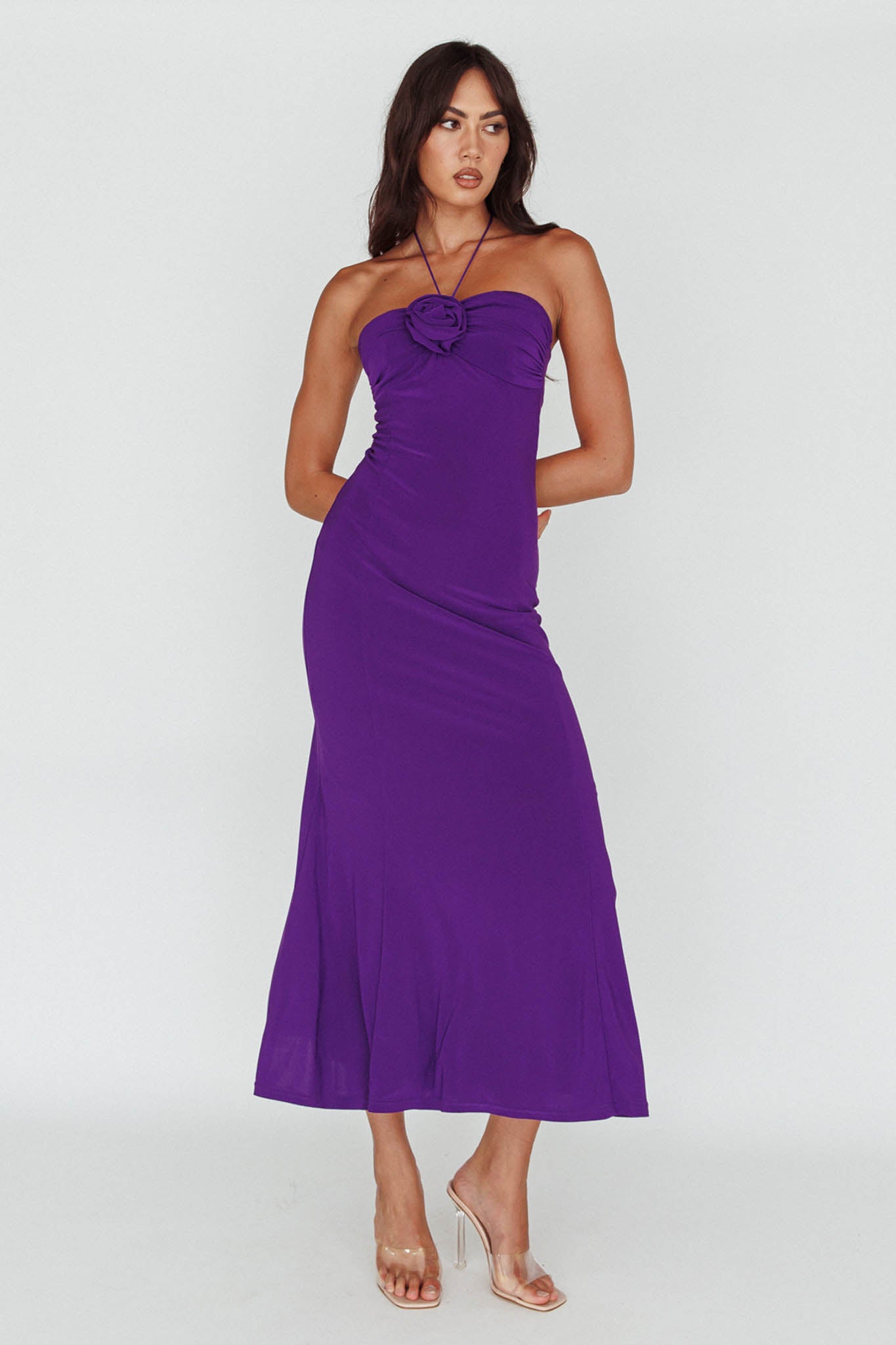 Ibiza Sunset Bust Flower Midi Dress Purple-Maymioy