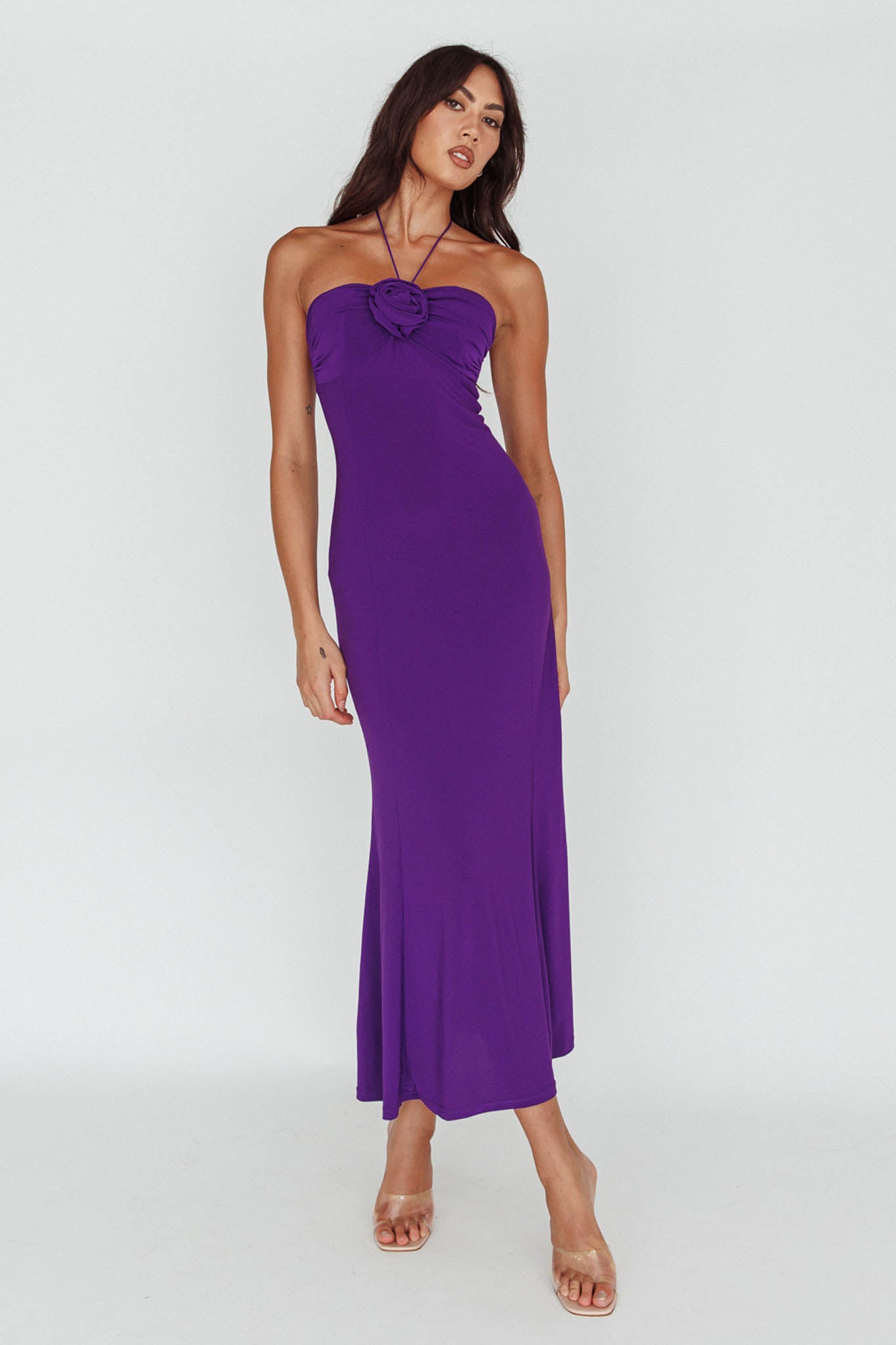 Ibiza Sunset Bust Flower Midi Dress Purple-Maymioy