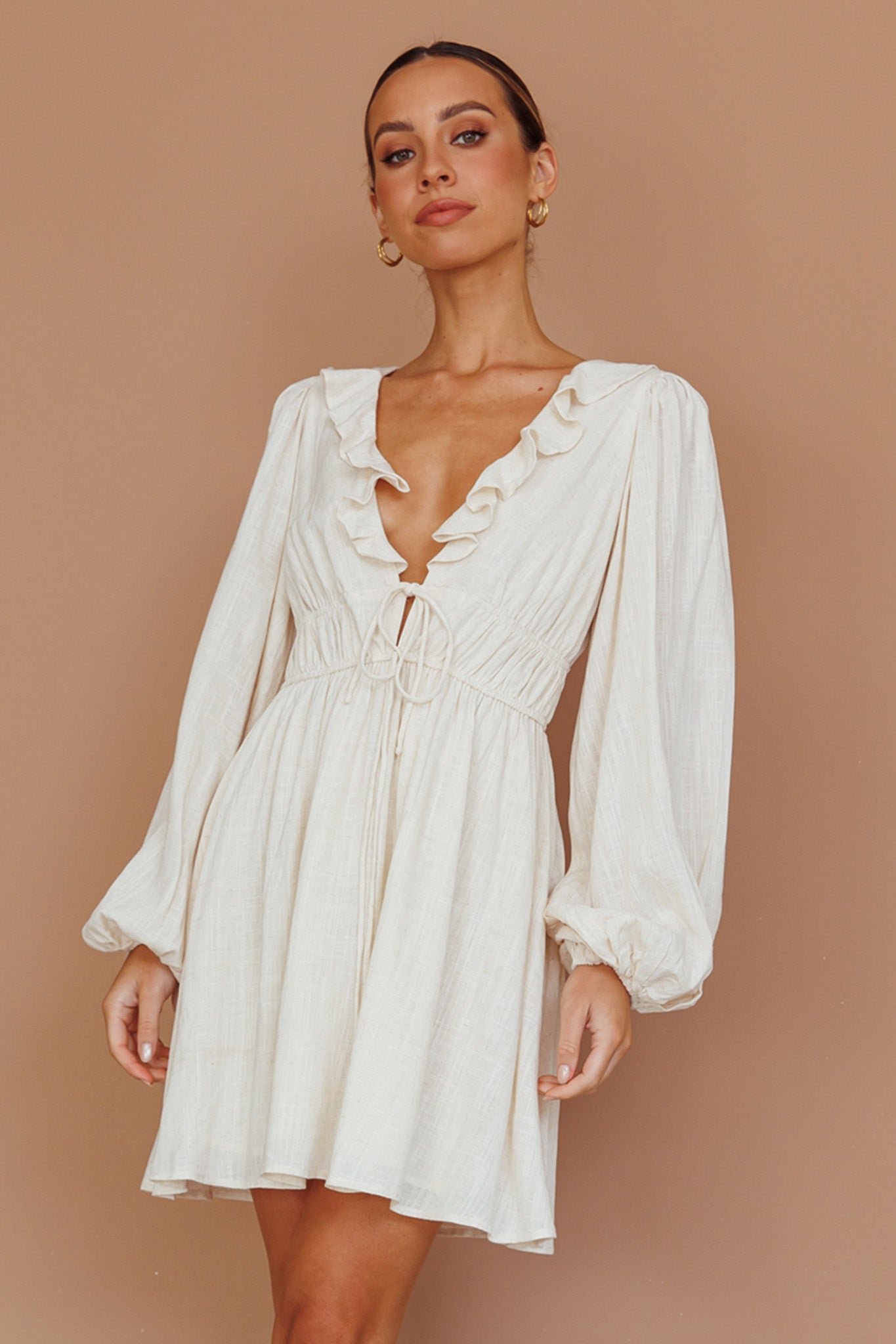 Carnivale Balloon Sleeve Ruffle Mini Dress Oat-Maymioy