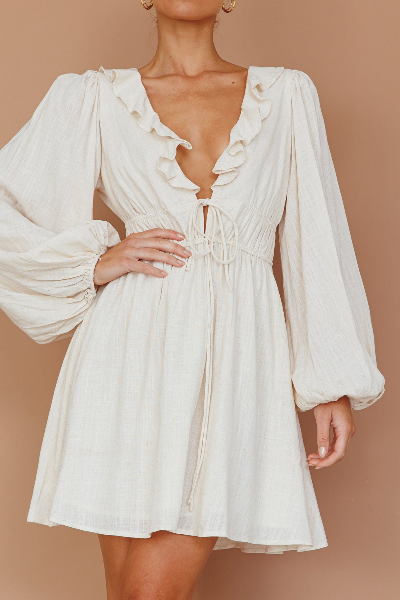 Carnivale Balloon Sleeve Ruffle Mini Dress Oat-Maymioy