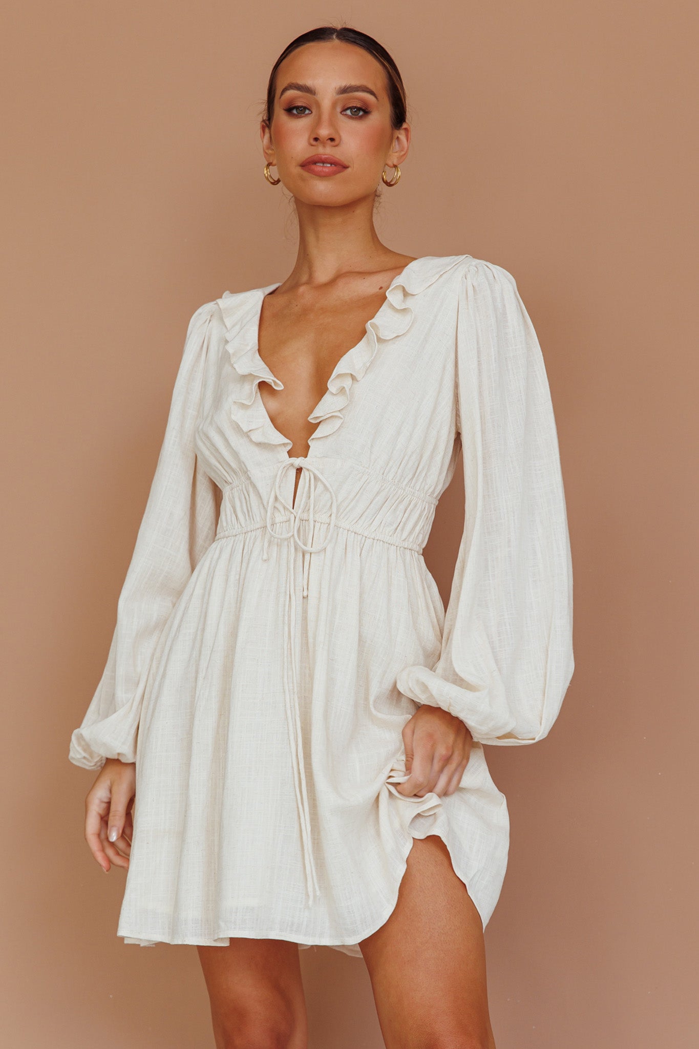 Carnivale Balloon Sleeve Ruffle Mini Dress Oat-Maymioy