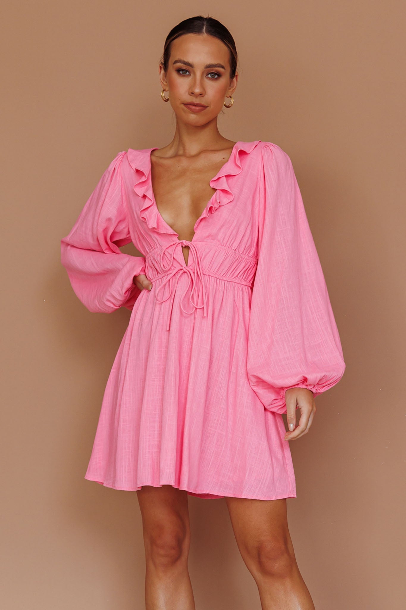 Carnivale Balloon Sleeve Ruffle Mini Dress Pink-Maymioy