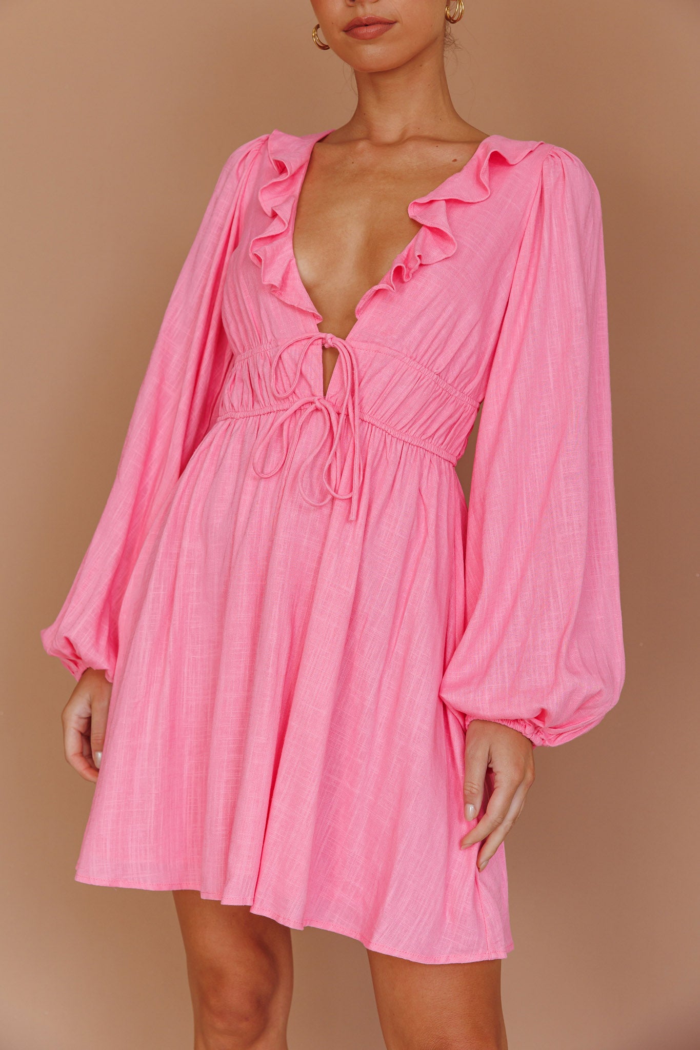 Carnivale Balloon Sleeve Ruffle Mini Dress Pink-Maymioy