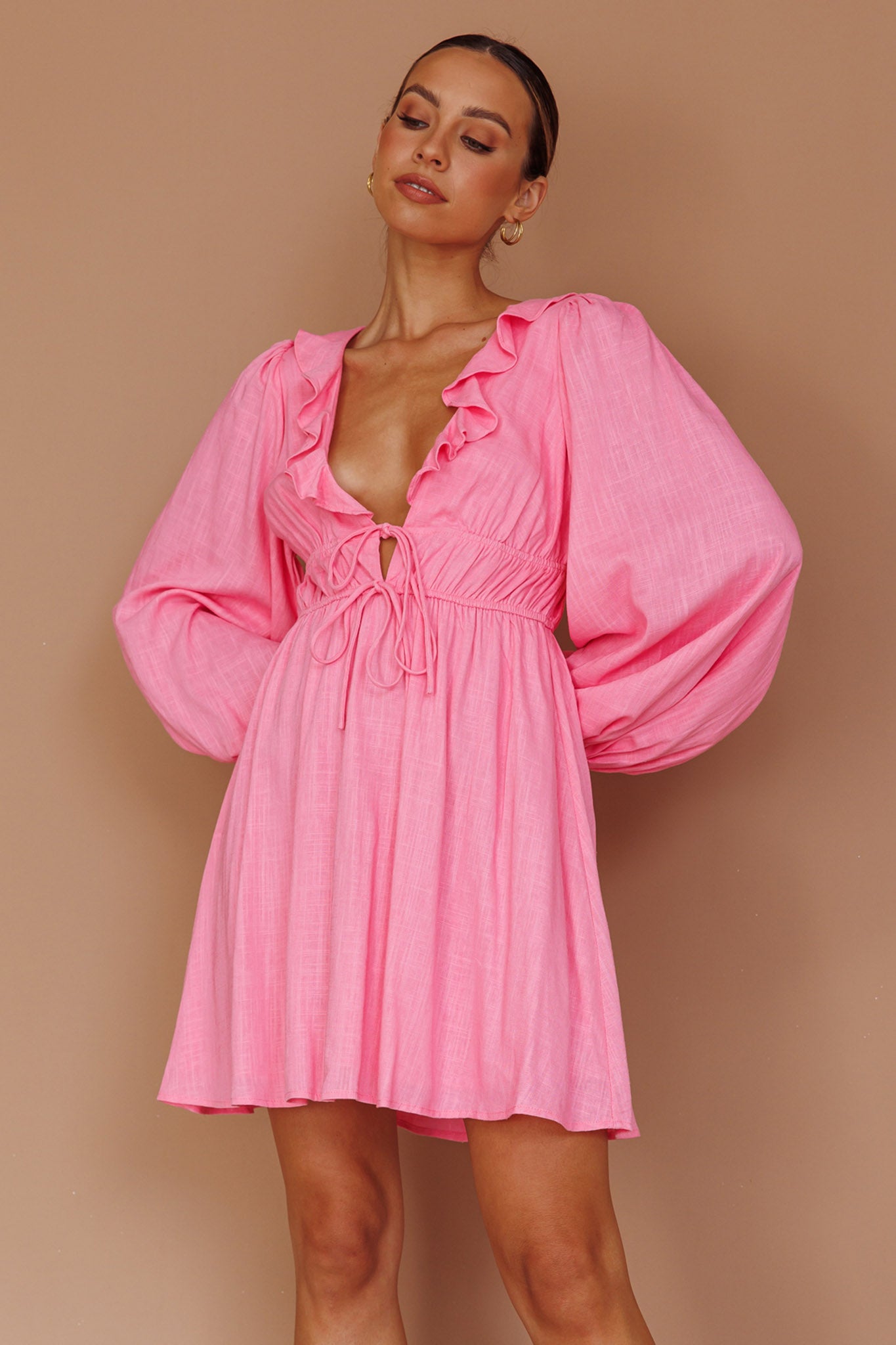 Carnivale Balloon Sleeve Ruffle Mini Dress Pink-Maymioy