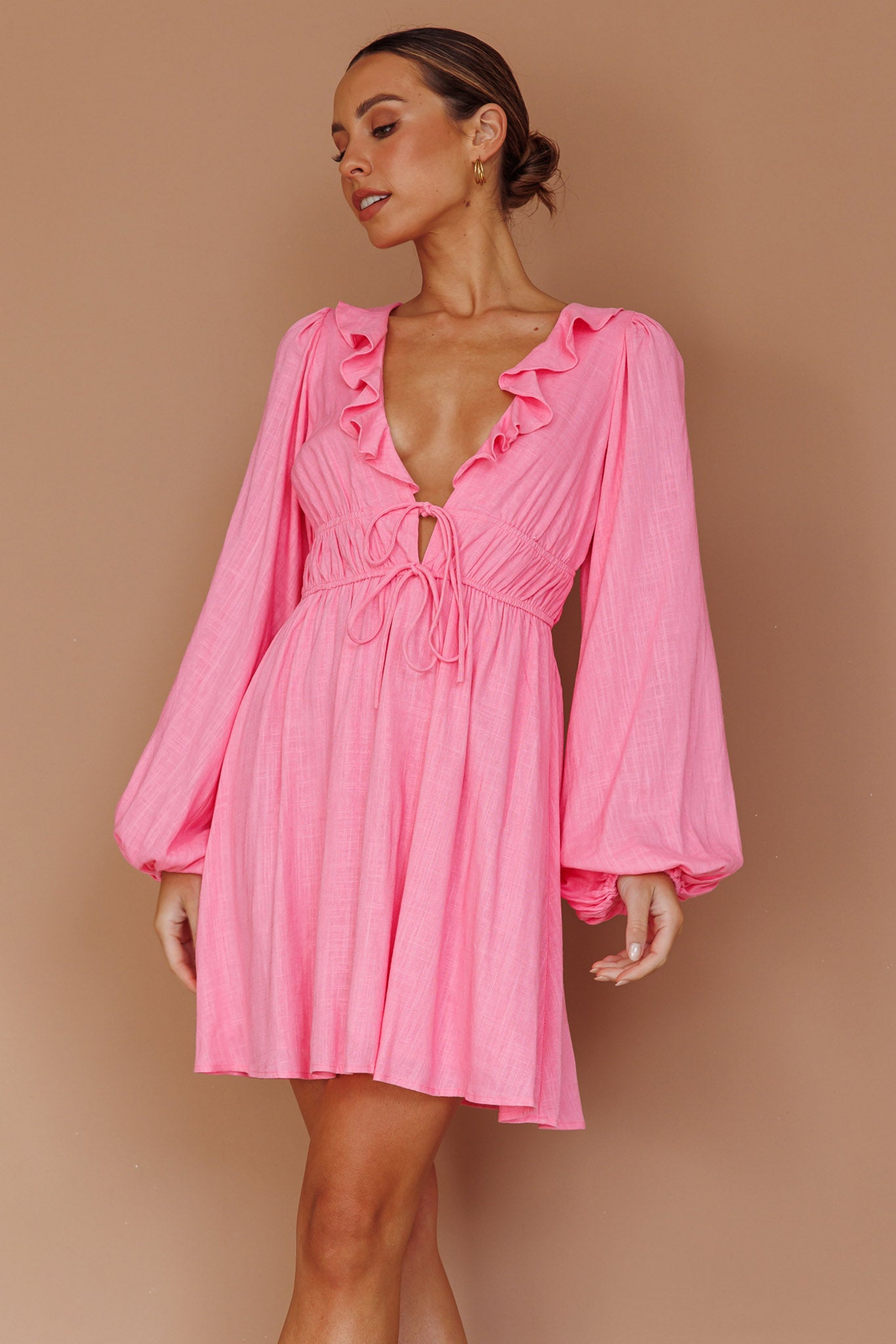 Carnivale Balloon Sleeve Ruffle Mini Dress Pink-Maymioy