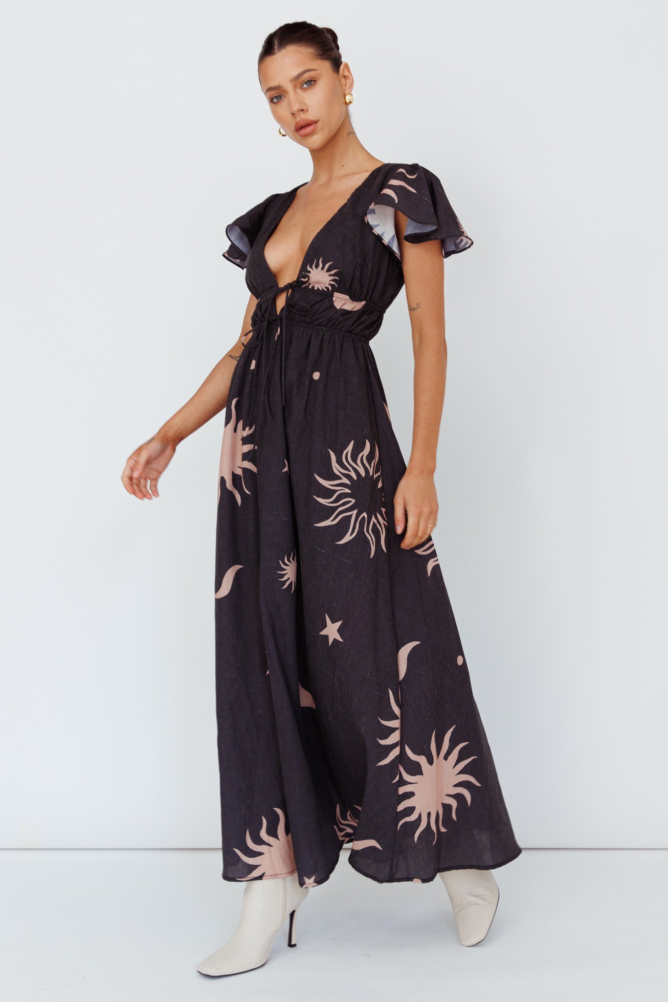Carnivale Angel Sleeve Maxi Dress Black/Beige-Maymioy