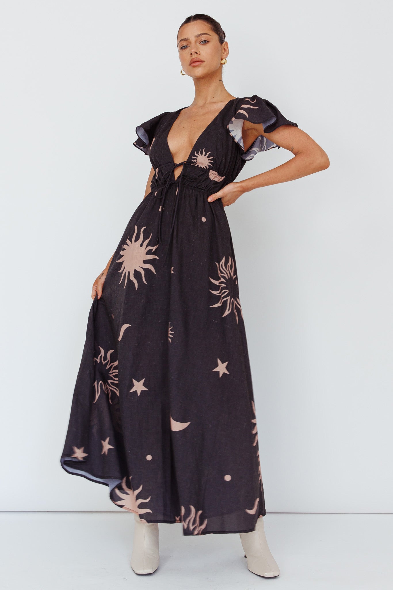 Carnivale Angel Sleeve Maxi Dress Black/Beige-Maymioy