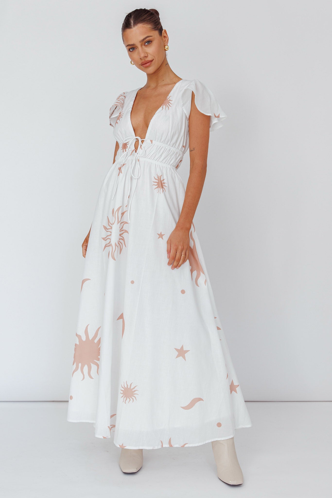Carnivale Angel Sleeve Maxi Dress White/Beige-Maymioy