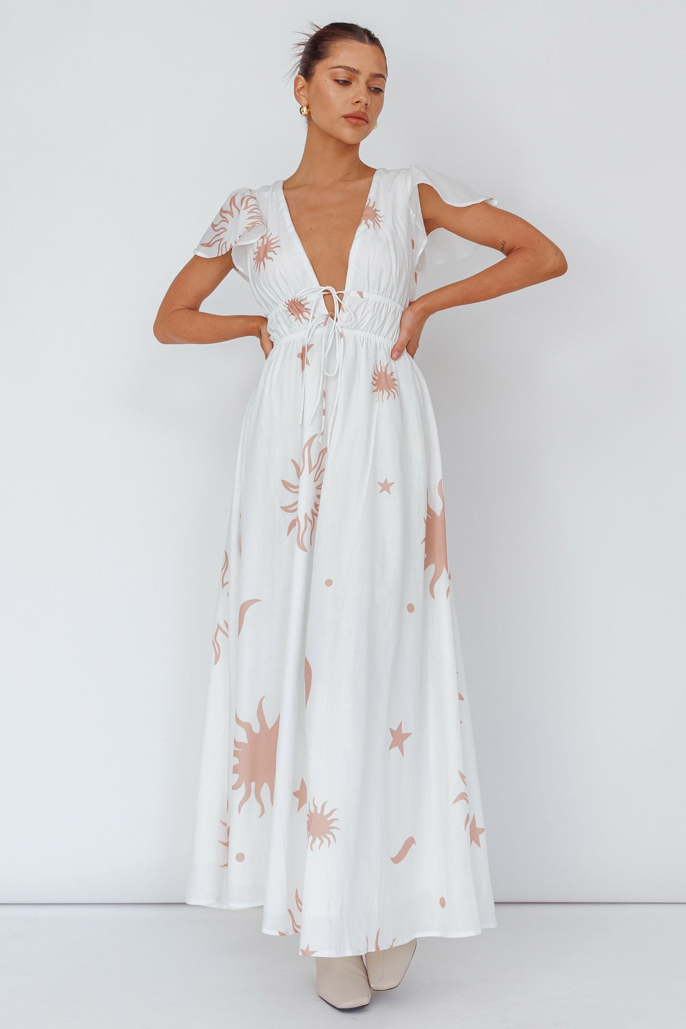 Carnivale Angel Sleeve Maxi Dress White/Beige-Maymioy