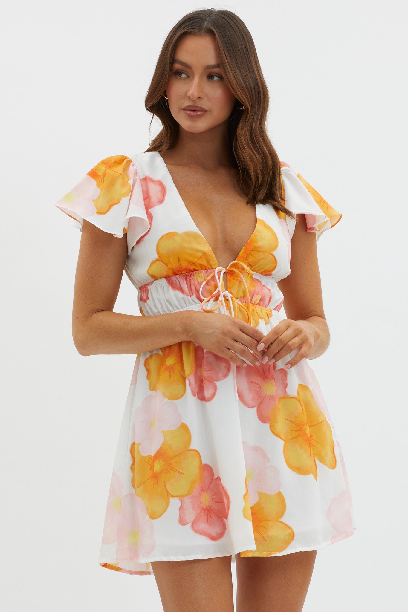 Carnivale Angel Sleeve Mini Dress Floral Orange-Maymioy