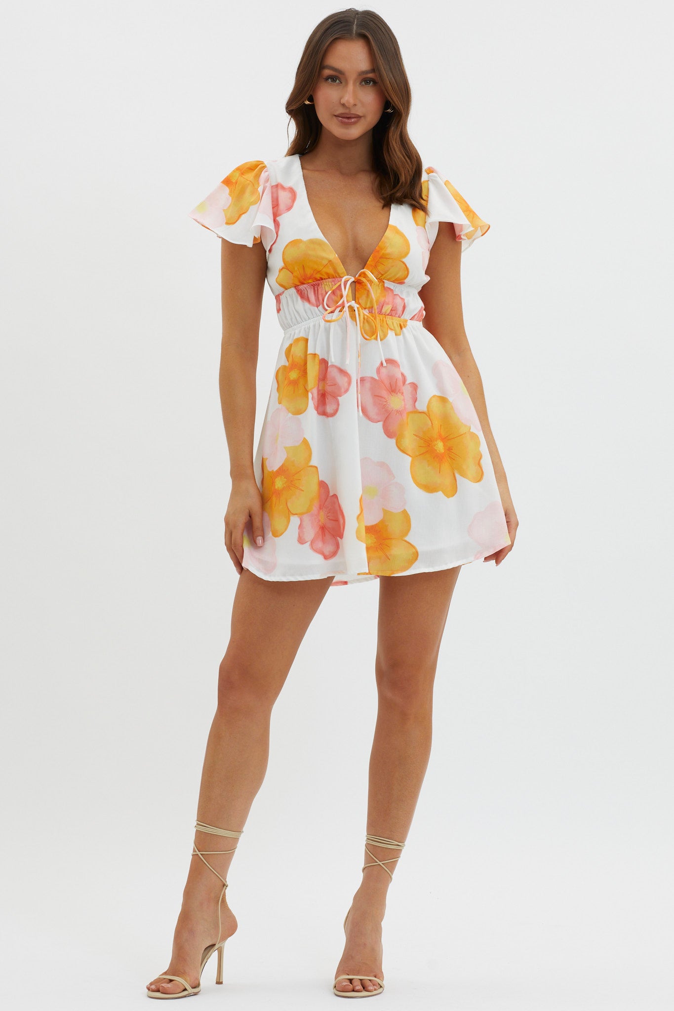 Carnivale Angel Sleeve Mini Dress Floral Orange-Maymioy