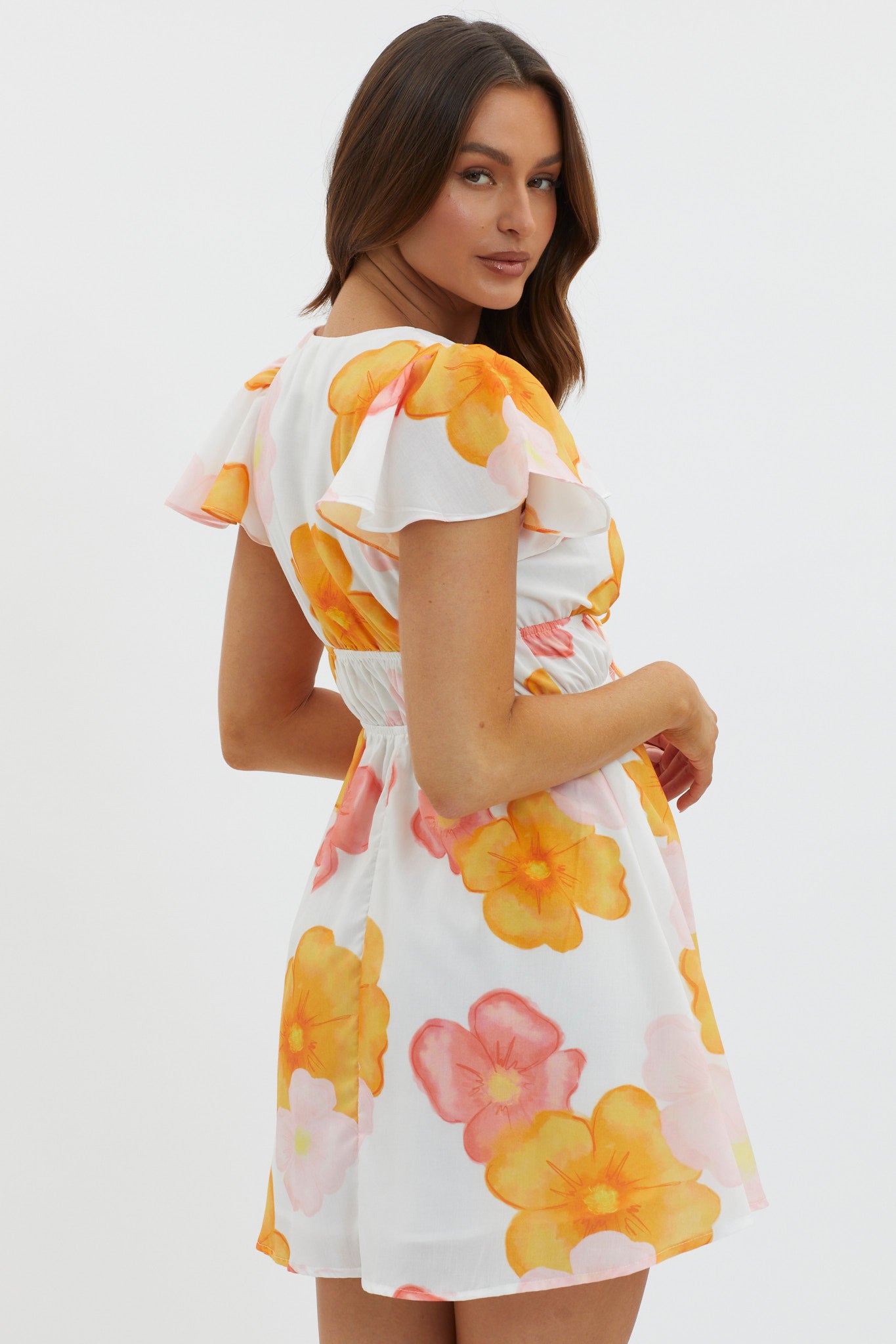 Carnivale Angel Sleeve Mini Dress Floral Orange-Maymioy