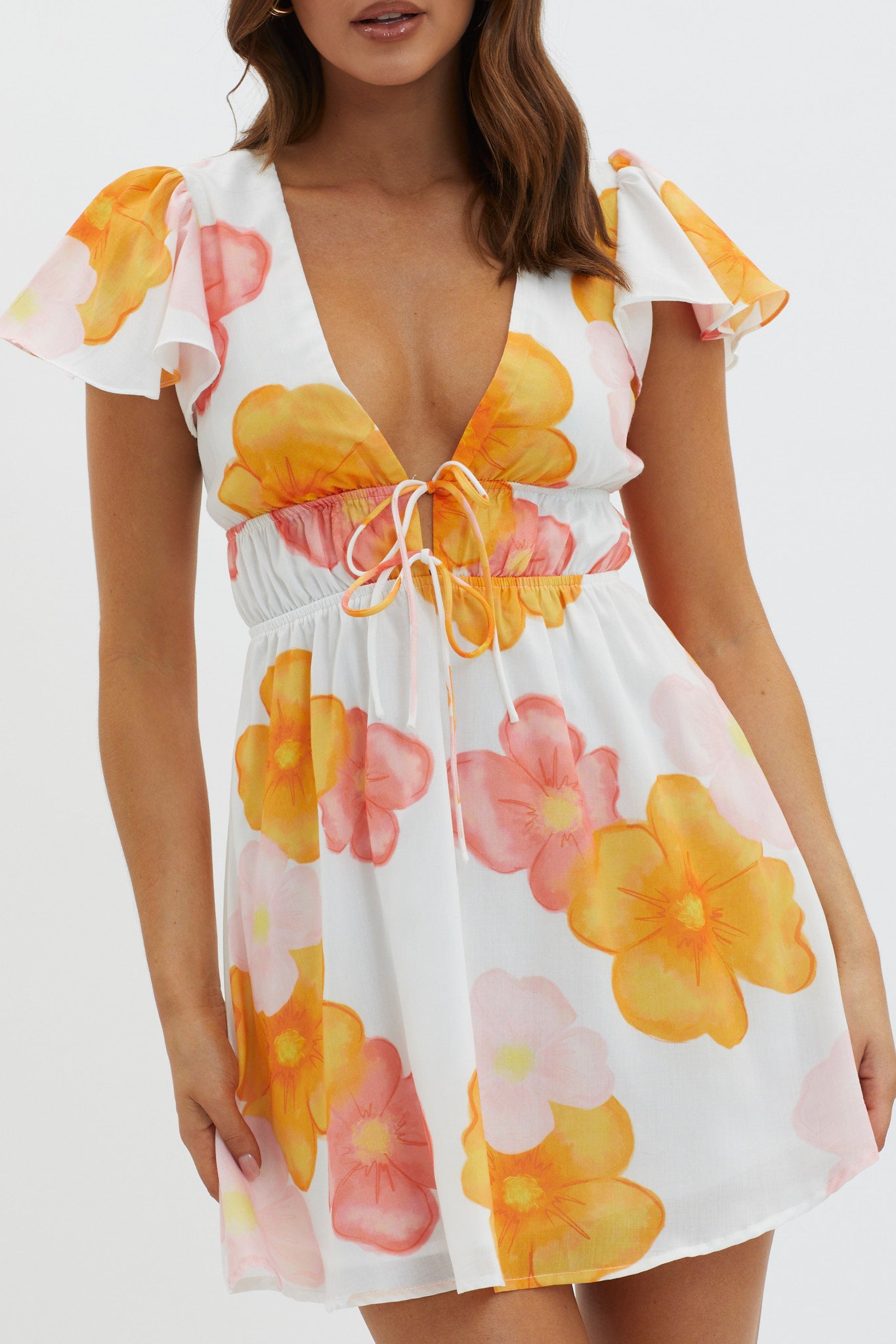 Carnivale Angel Sleeve Mini Dress Floral Orange-Maymioy