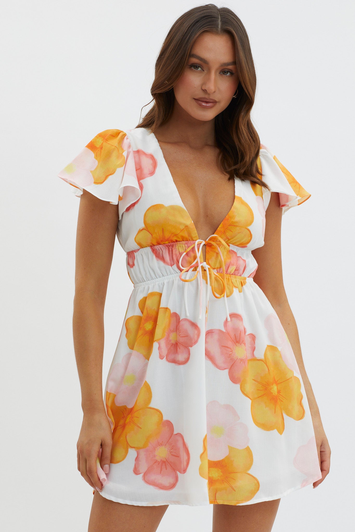 Carnivale Angel Sleeve Mini Dress Floral Orange-Maymioy