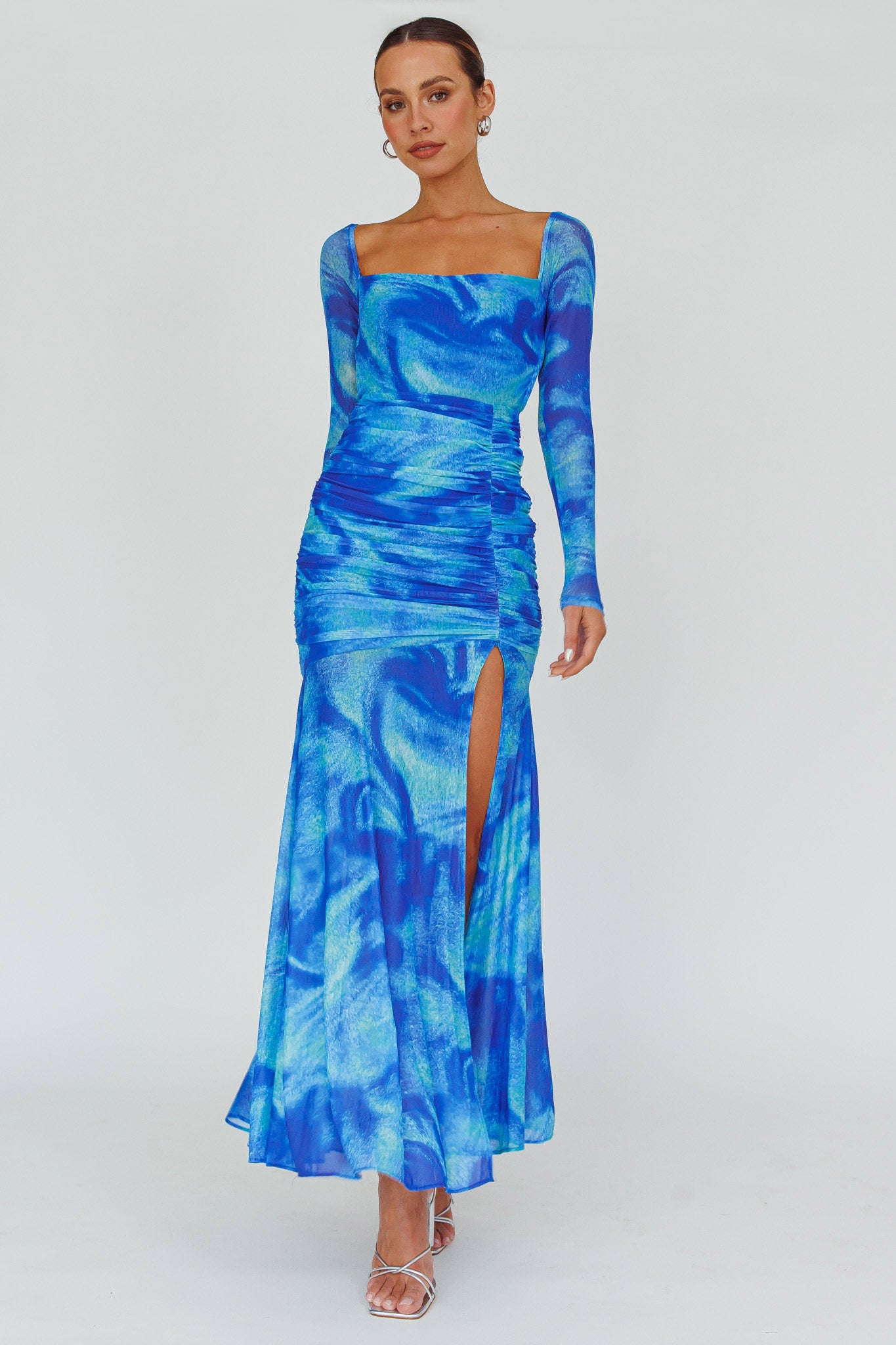 Apryl Long Sleeve Lace-Up Back Maxi Dress Blue-Maymioy