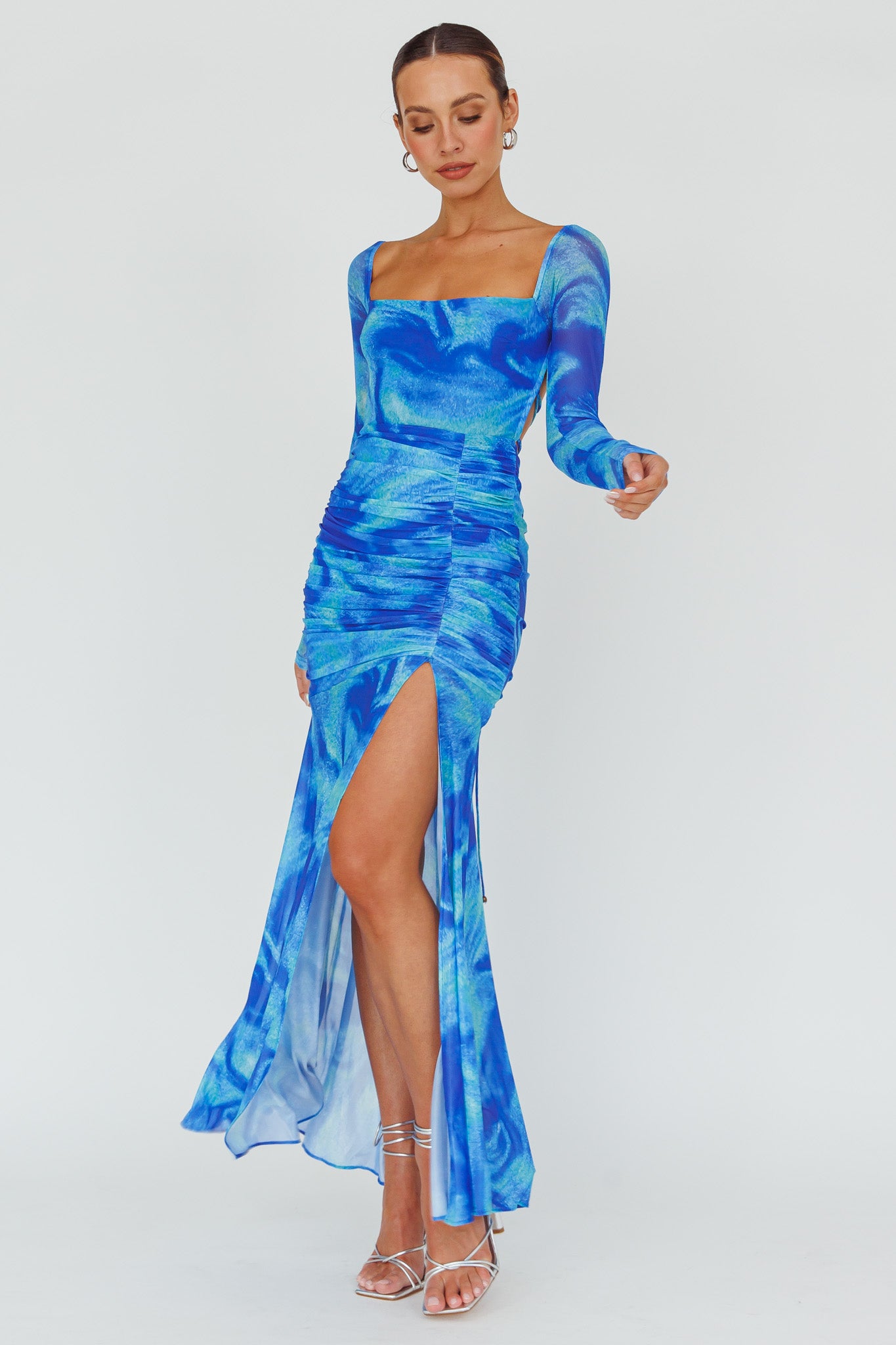 Apryl Long Sleeve Lace-Up Back Maxi Dress Blue-Maymioy