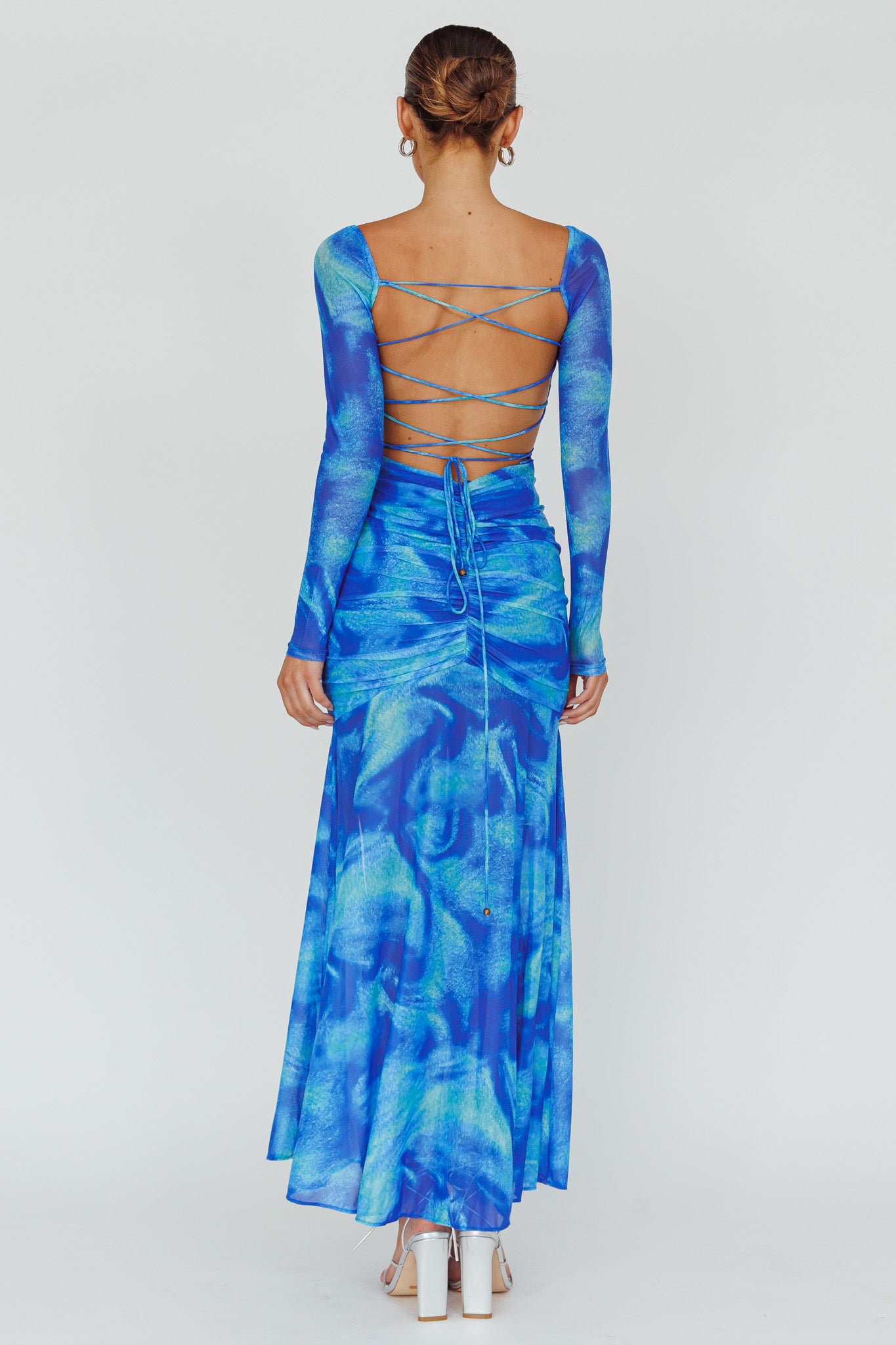 Apryl Long Sleeve Lace-Up Back Maxi Dress Blue-Maymioy