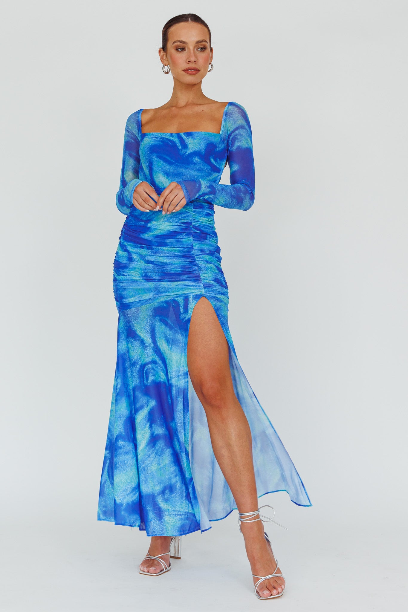 Apryl Long Sleeve Lace-Up Back Maxi Dress Blue-Maymioy
