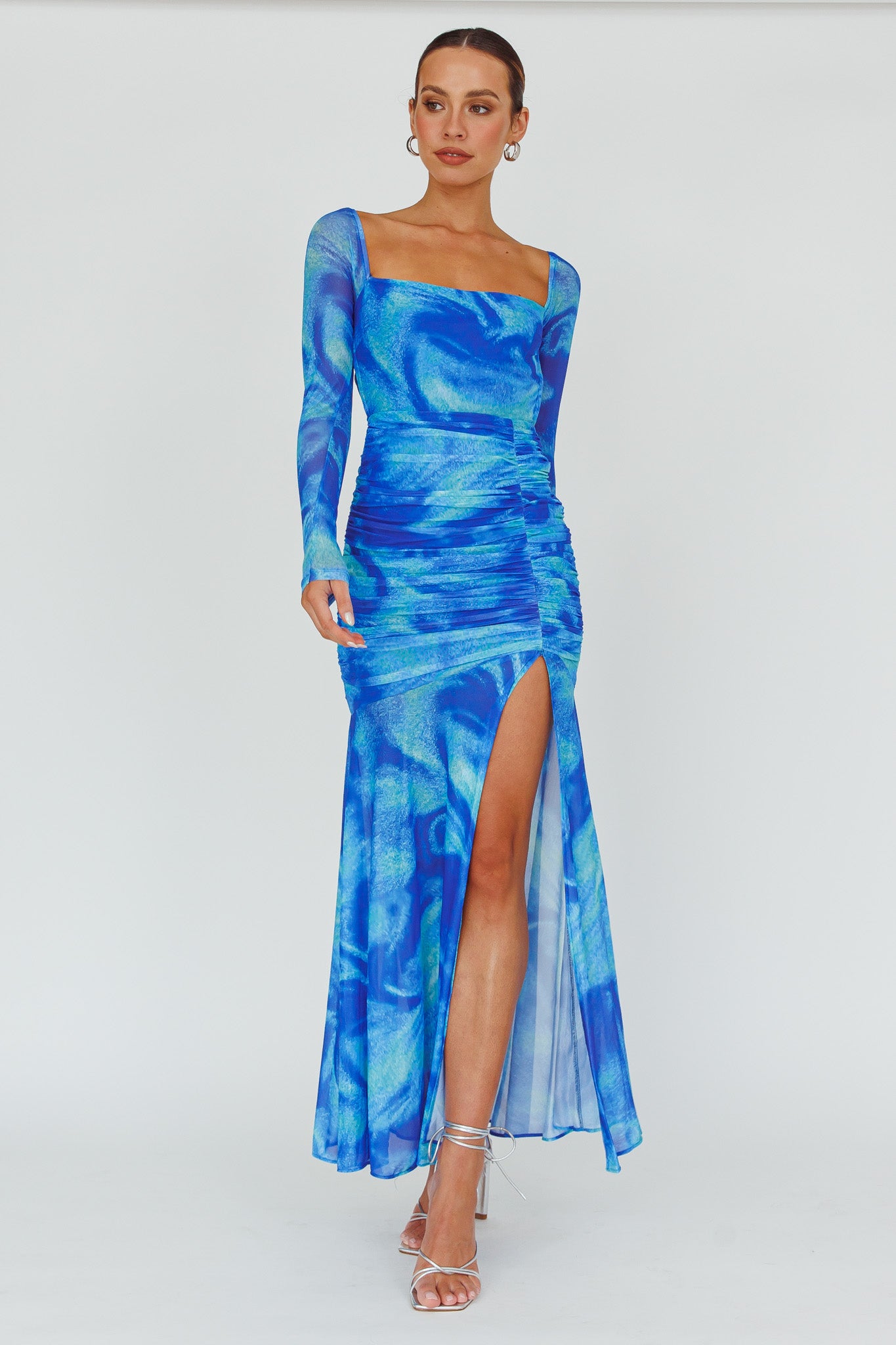 Apryl Long Sleeve Lace-Up Back Maxi Dress Blue-Maymioy
