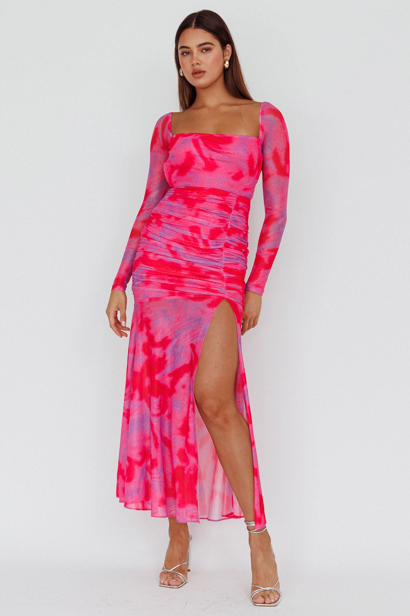 Apryl Long Sleeve Lace-Up Back Maxi Dress Pink-Maymioy