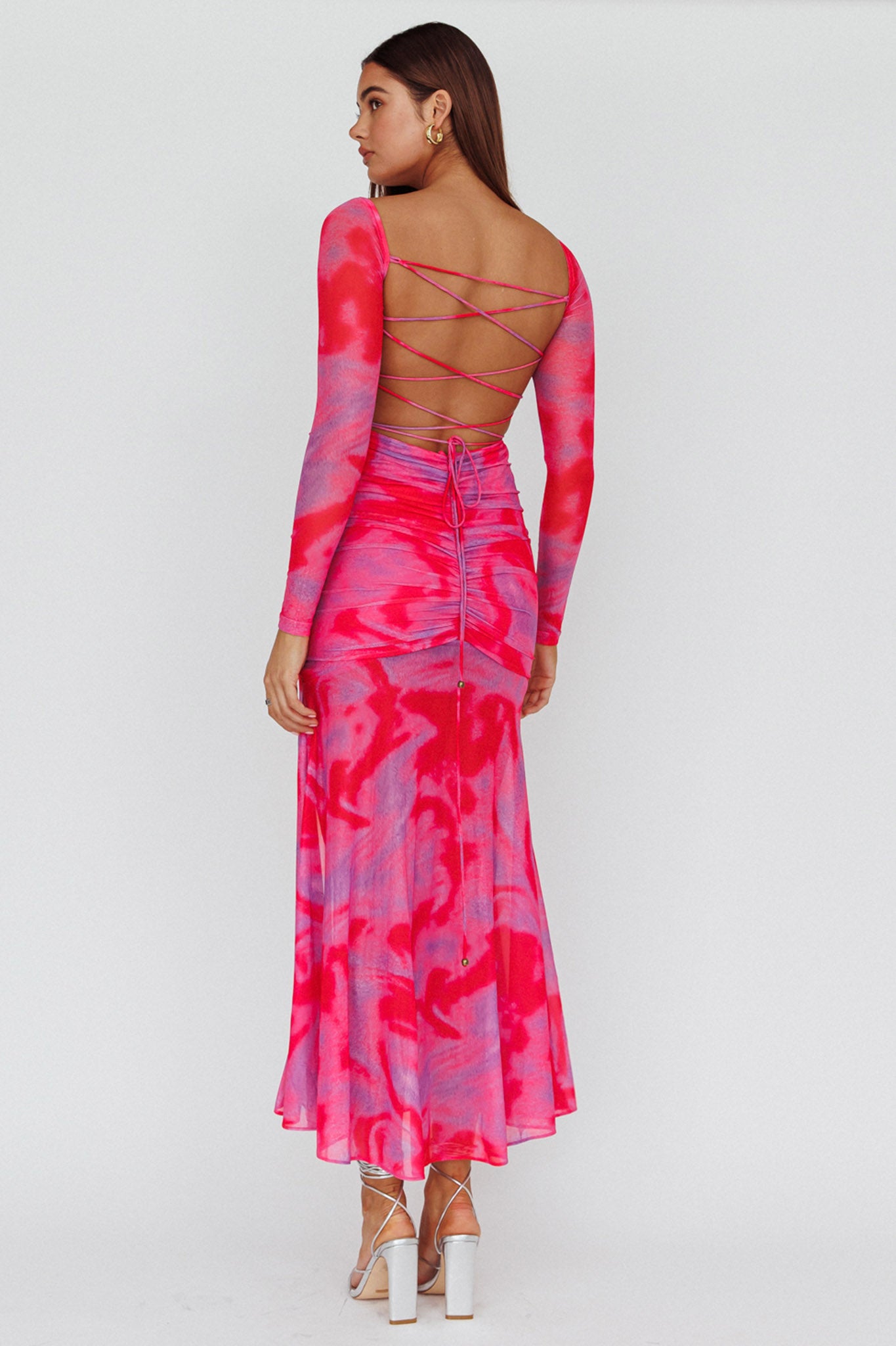 Apryl Long Sleeve Lace-Up Back Maxi Dress Pink-Maymioy