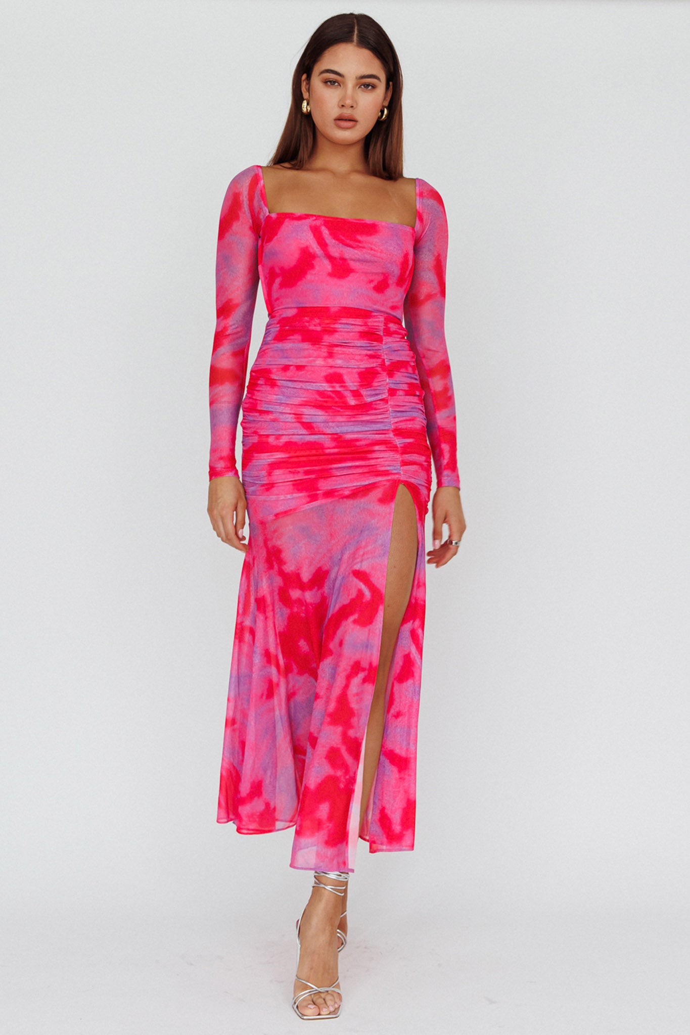 Apryl Long Sleeve Lace-Up Back Maxi Dress Pink-Maymioy