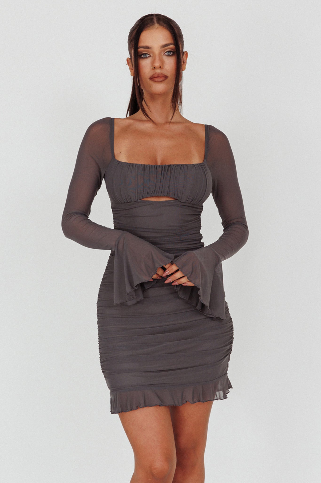In Bloom Flared Cuff Mini Dress Charcoal-Maymioy