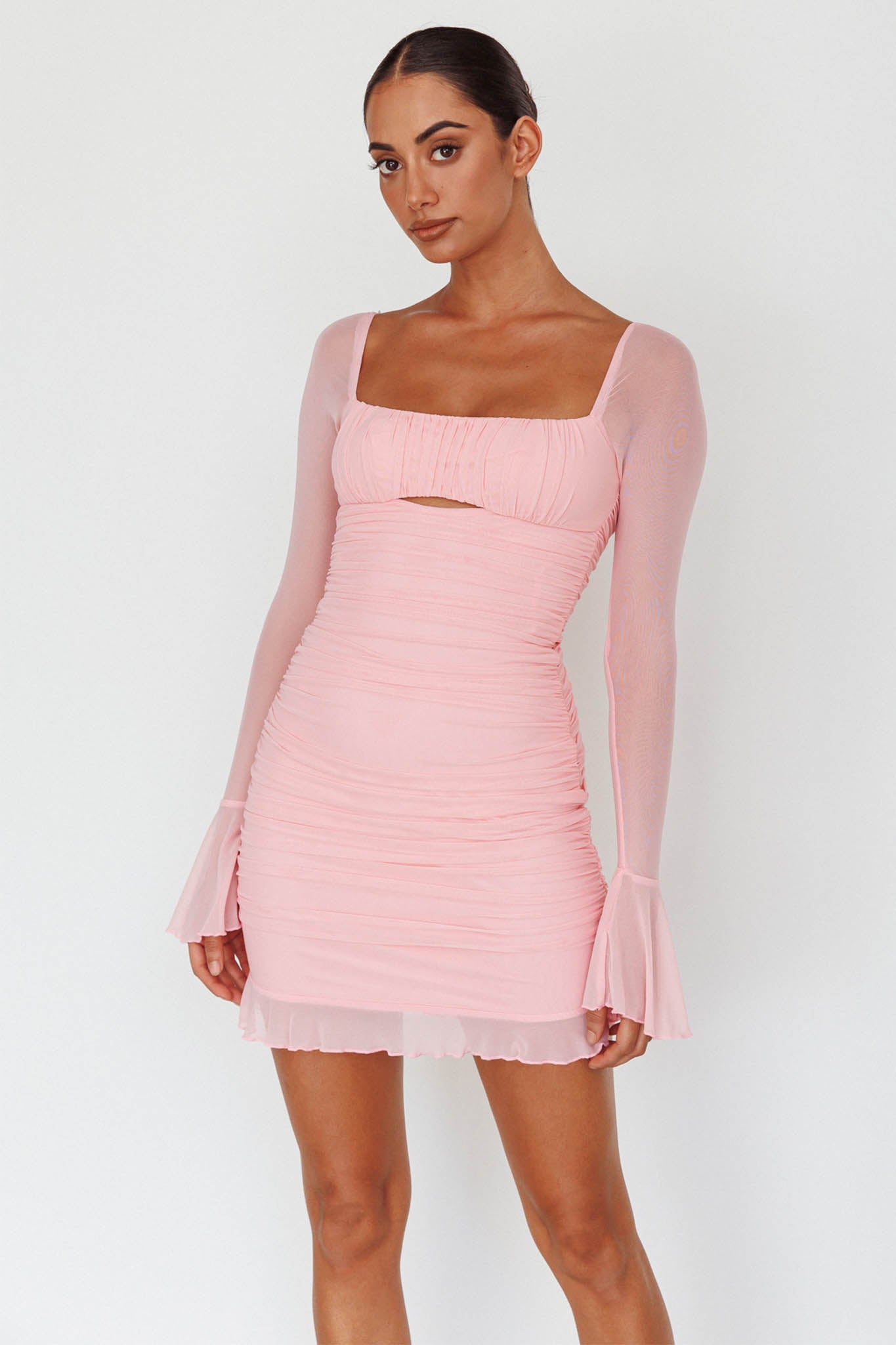 In Bloom Flared Cuff Mini Dress Pink-Maymioy