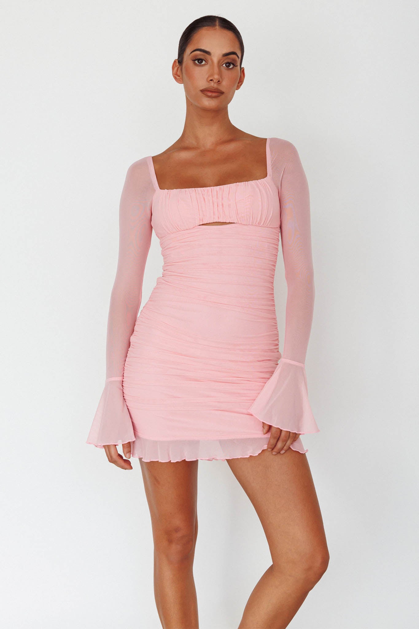 In Bloom Flared Cuff Mini Dress Pink-Maymioy