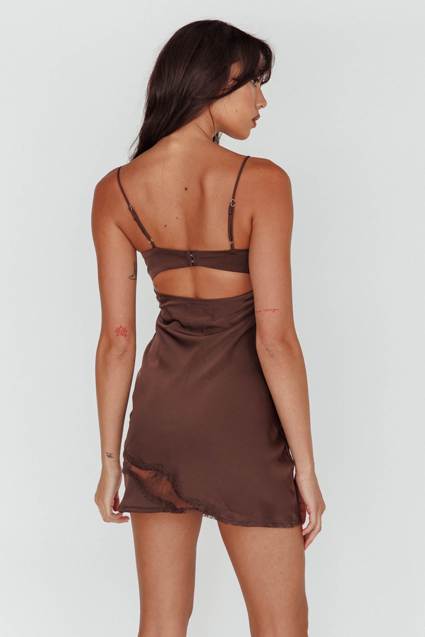 Sweet Talker Lace Trim Mini Dress Chocolate-Maymioy