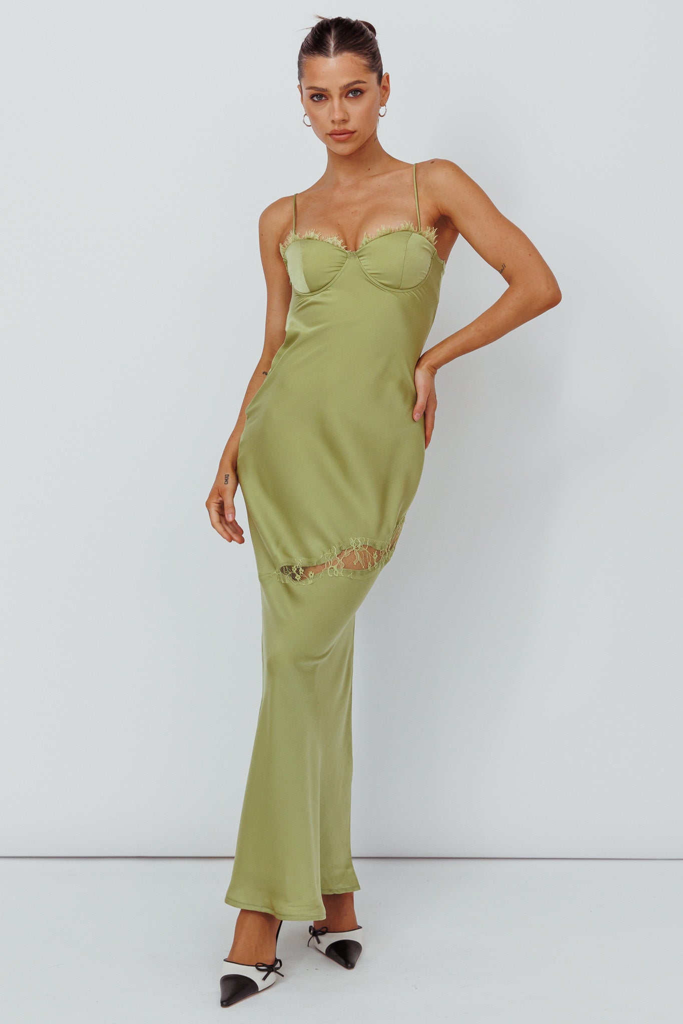 Sweet Talker Lace Trim Midi Dress Lime-Maymioy
