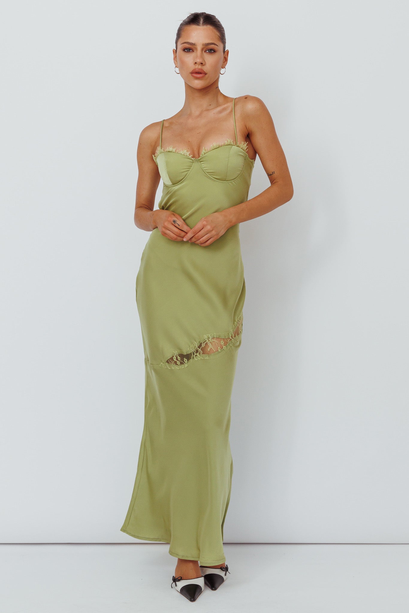 Sweet Talker Lace Trim Midi Dress Lime-Maymioy