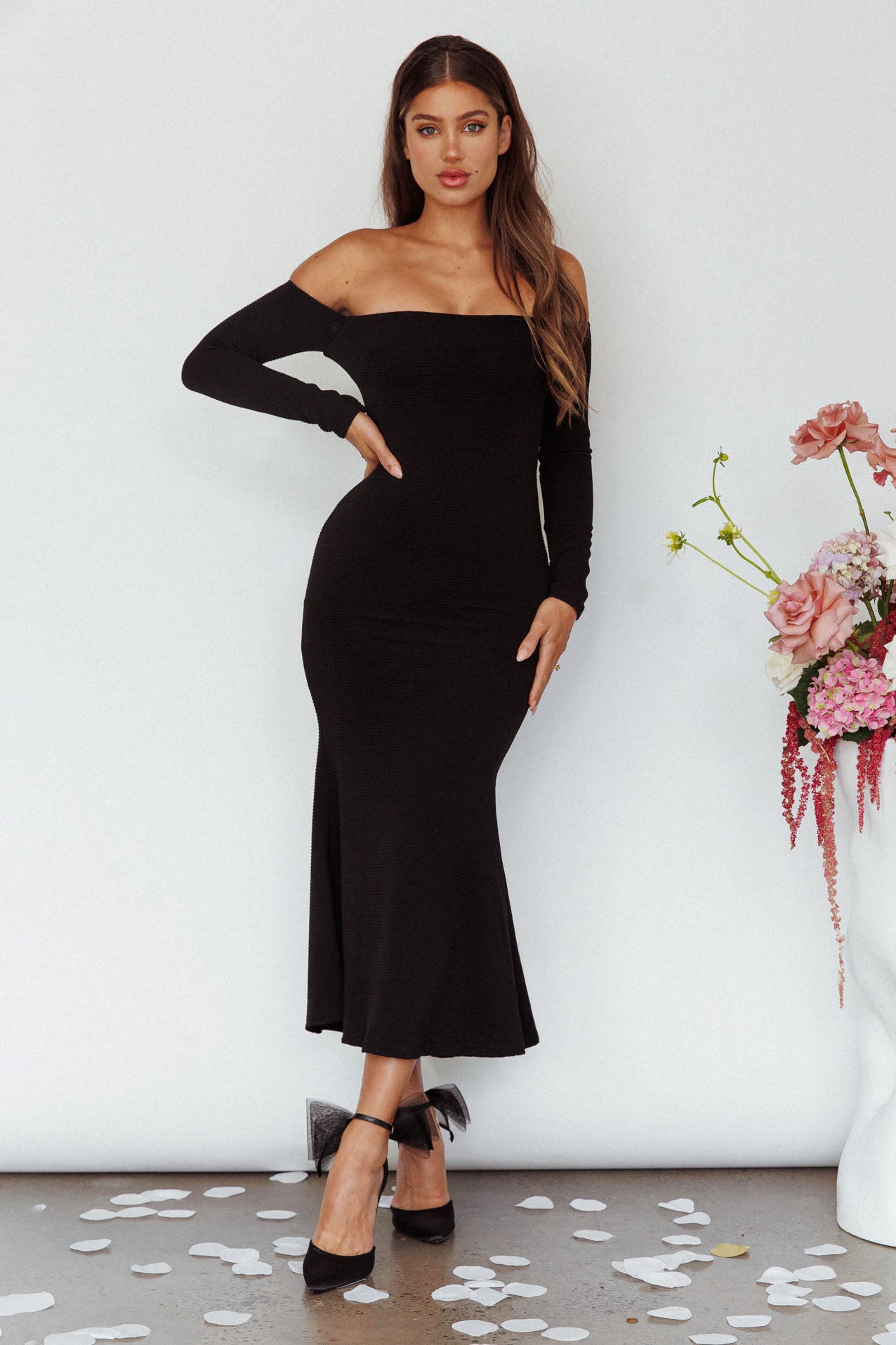 Speakeasy Off-Shoulder Maxi Dress Black-Maymioy