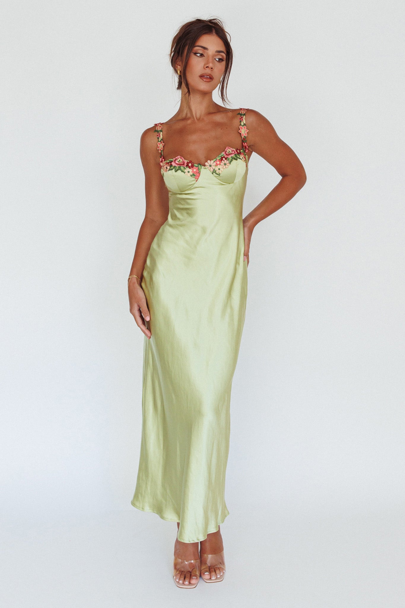 Rose Garden Floral Applique Midi Dress Lime-Maymioy