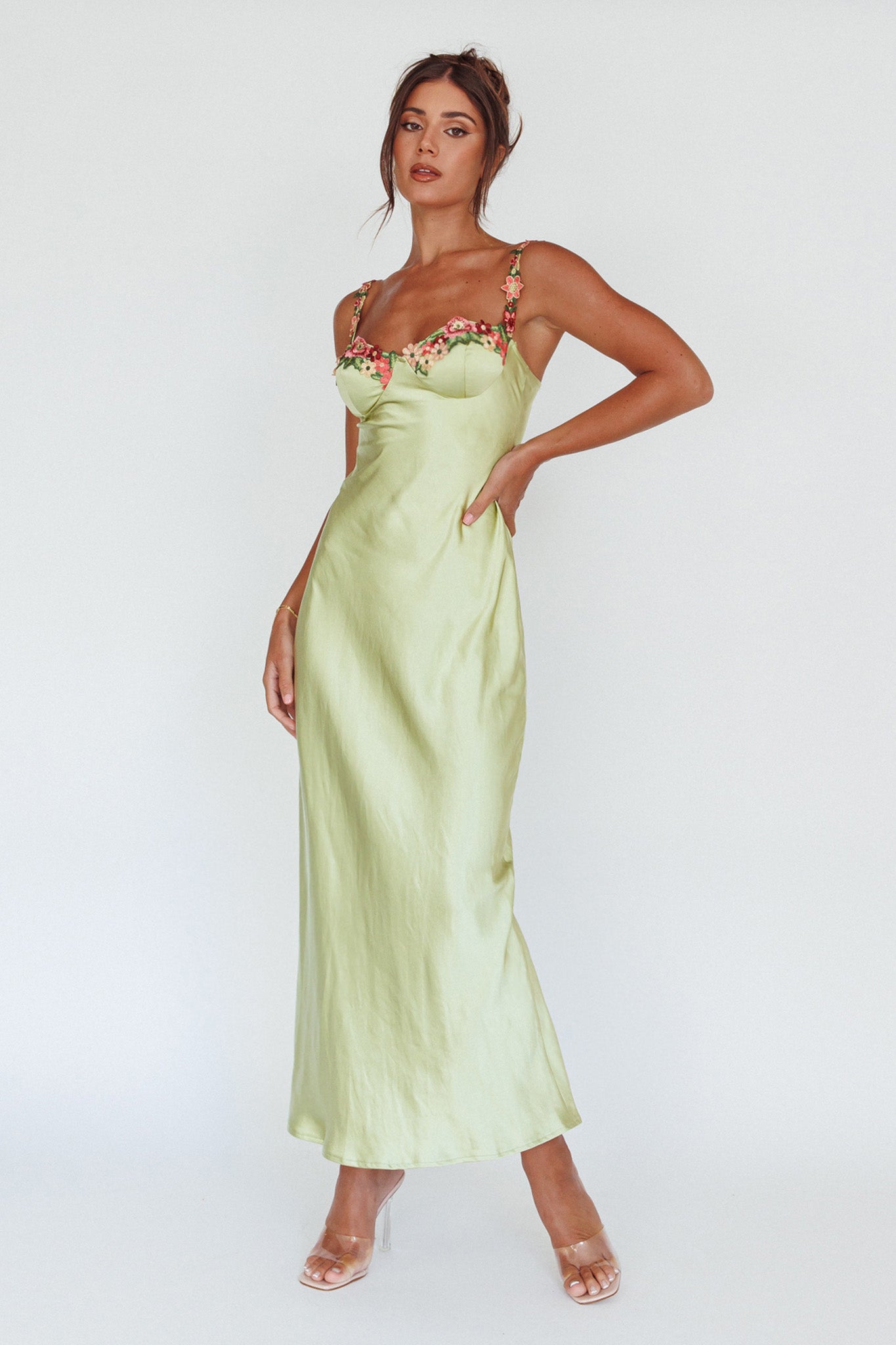 Rose Garden Floral Applique Midi Dress Lime-Maymioy