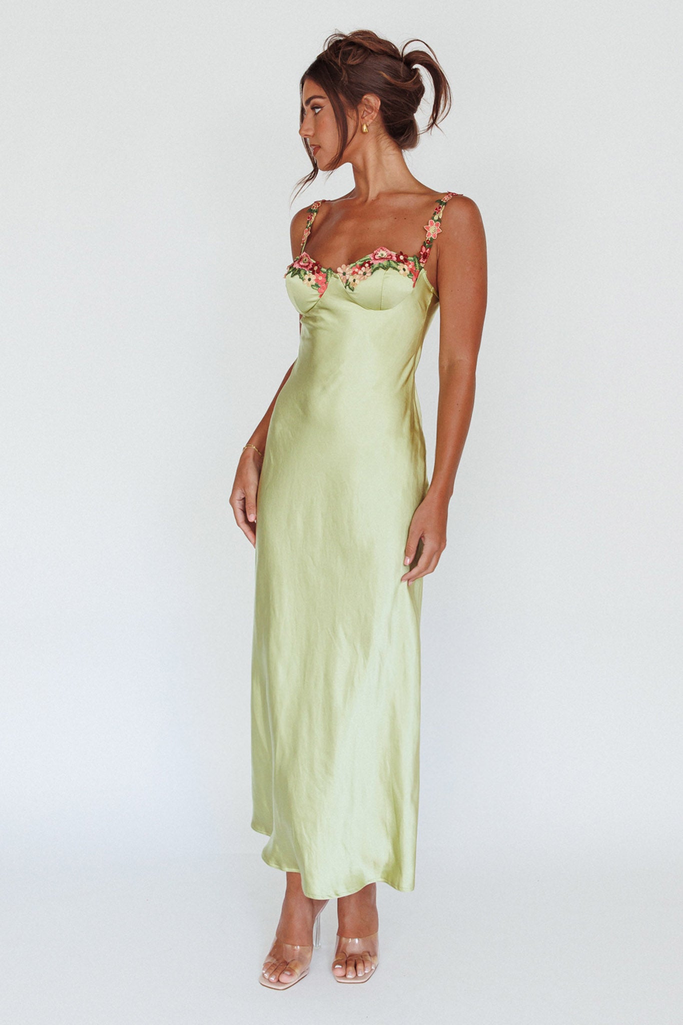 Rose Garden Floral Applique Midi Dress Lime-Maymioy
