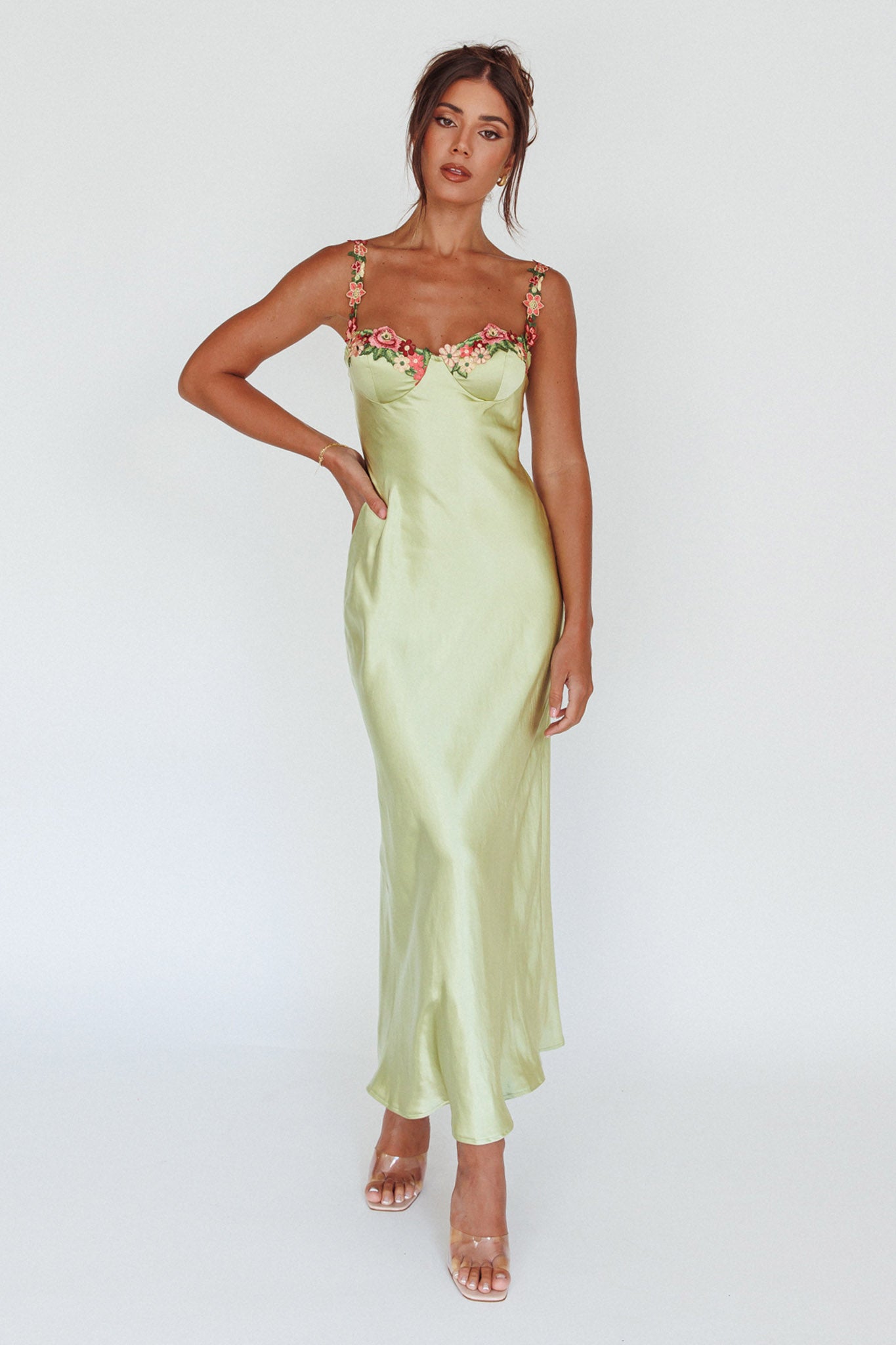 Rose Garden Floral Applique Midi Dress Lime-Maymioy