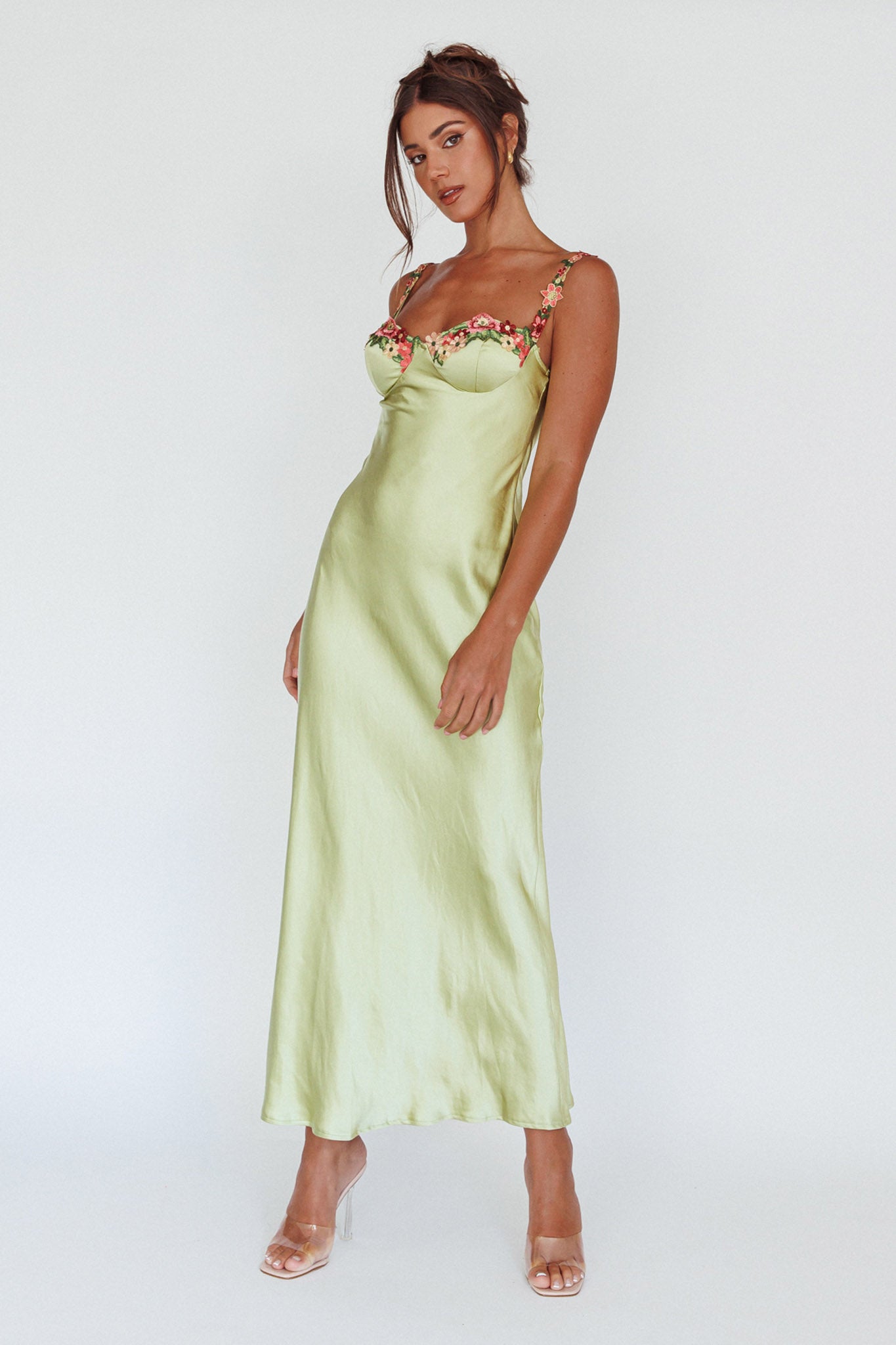 Rose Garden Floral Applique Midi Dress Lime-Maymioy