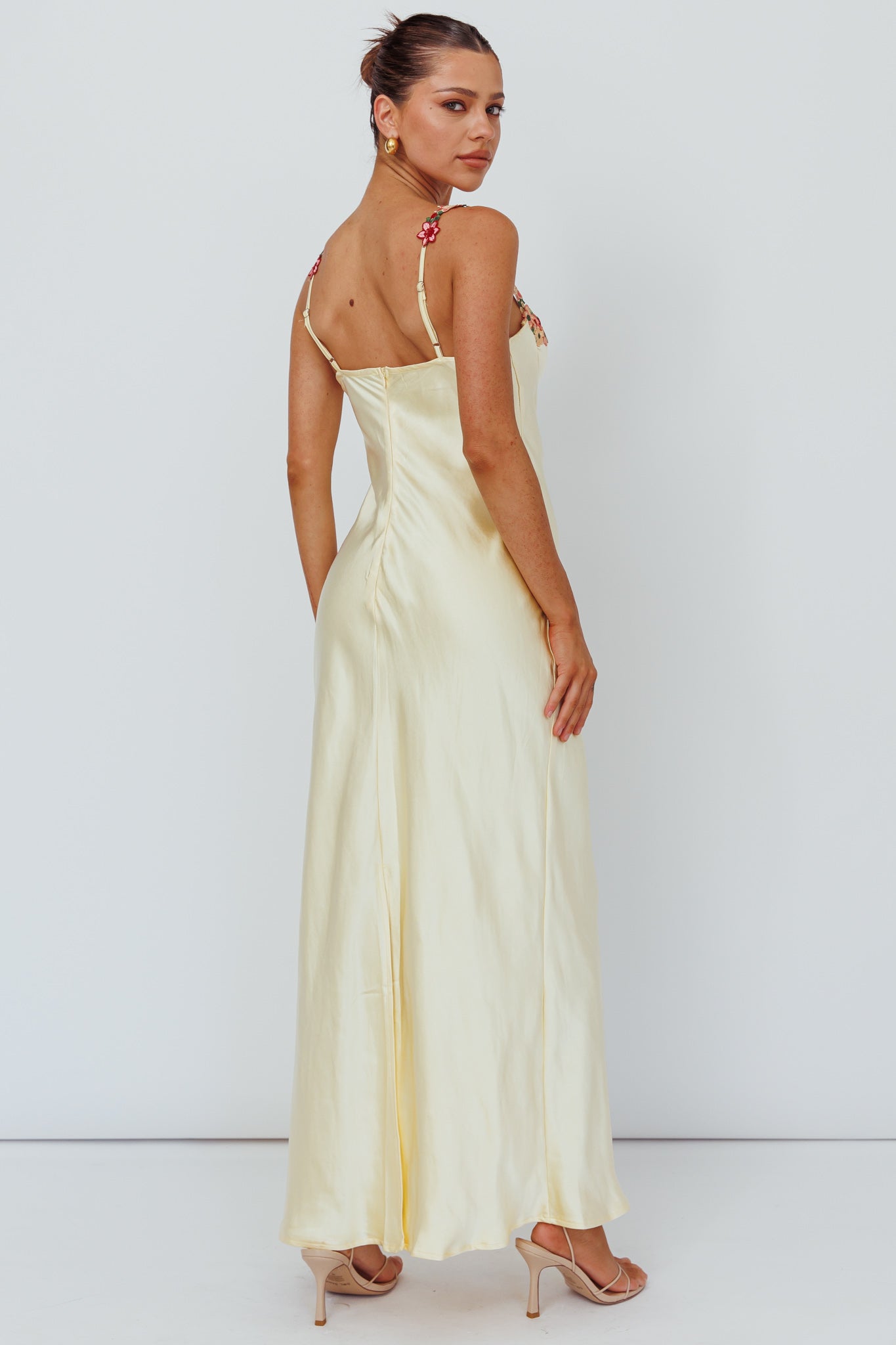 Rose Garden Floral Applique Midi Dress Yellow-Maymioy