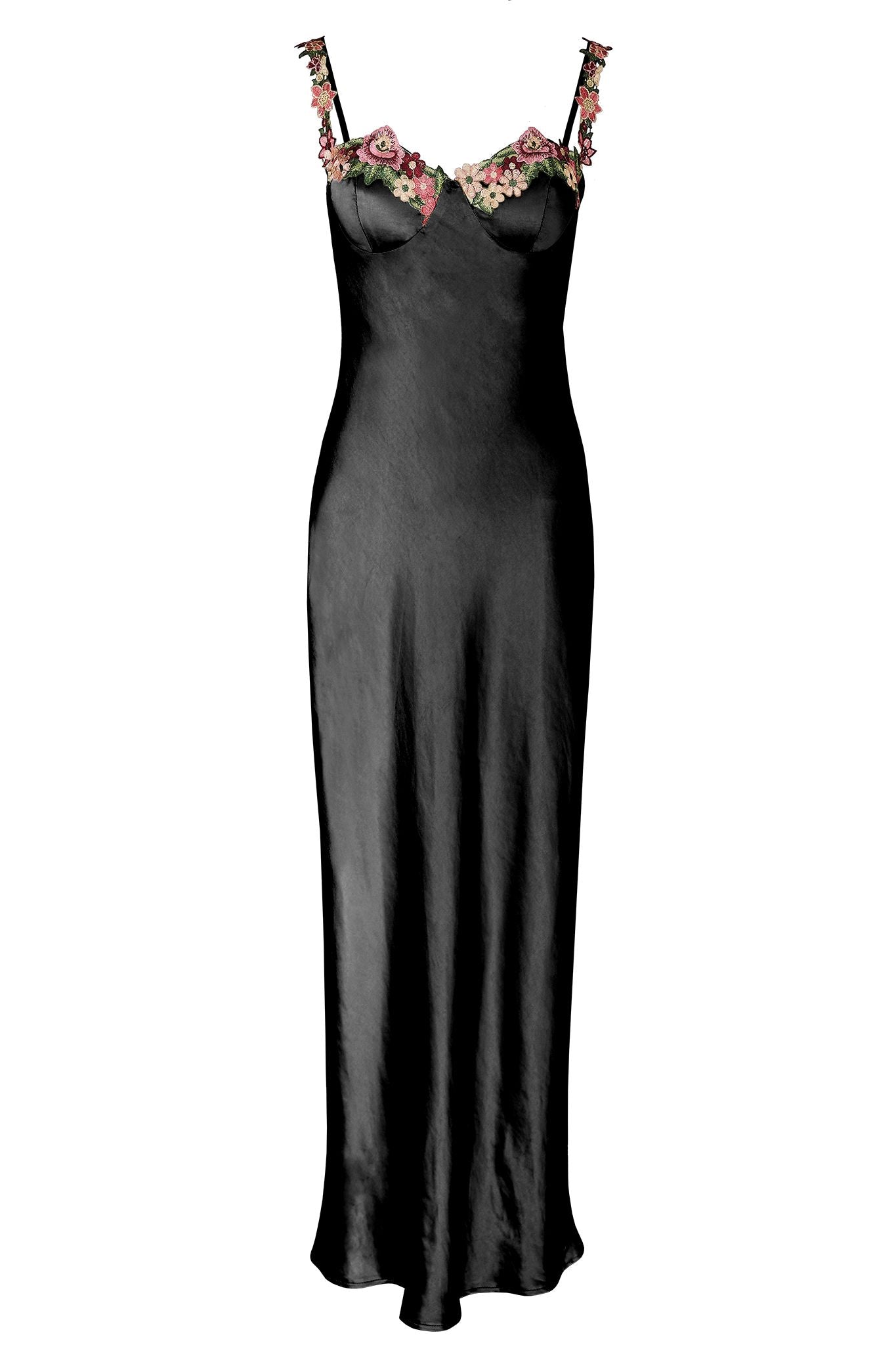 Rose Garden Floral Applique Midi Dress Black-Maymioy