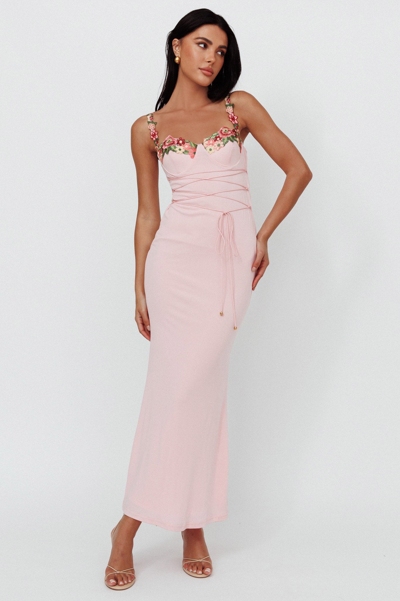 Rose Garden Floral Applique Laced Midi Dress Baby Pink-Maymioy