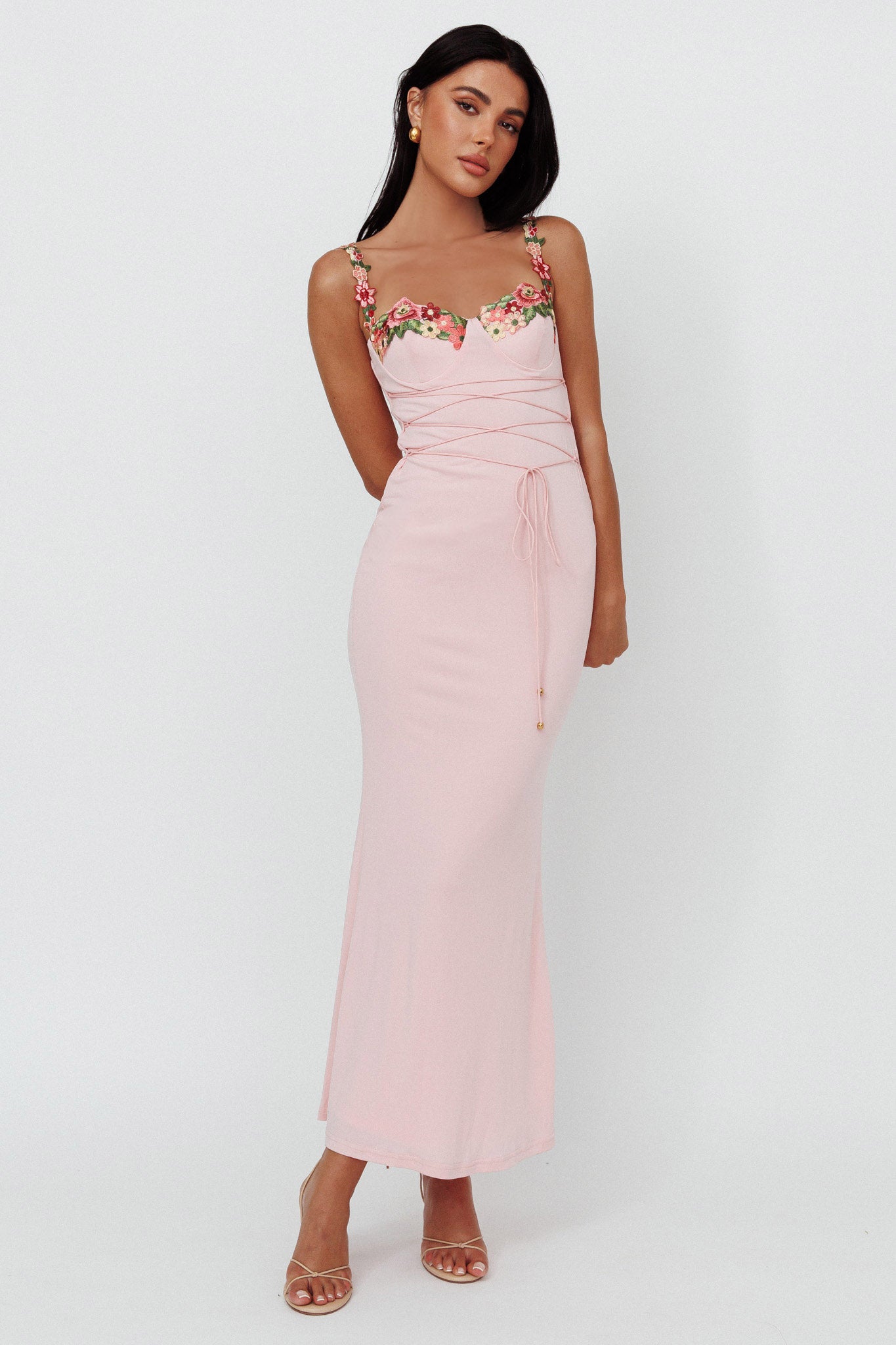 Rose Garden Floral Applique Laced Midi Dress Baby Pink-Maymioy