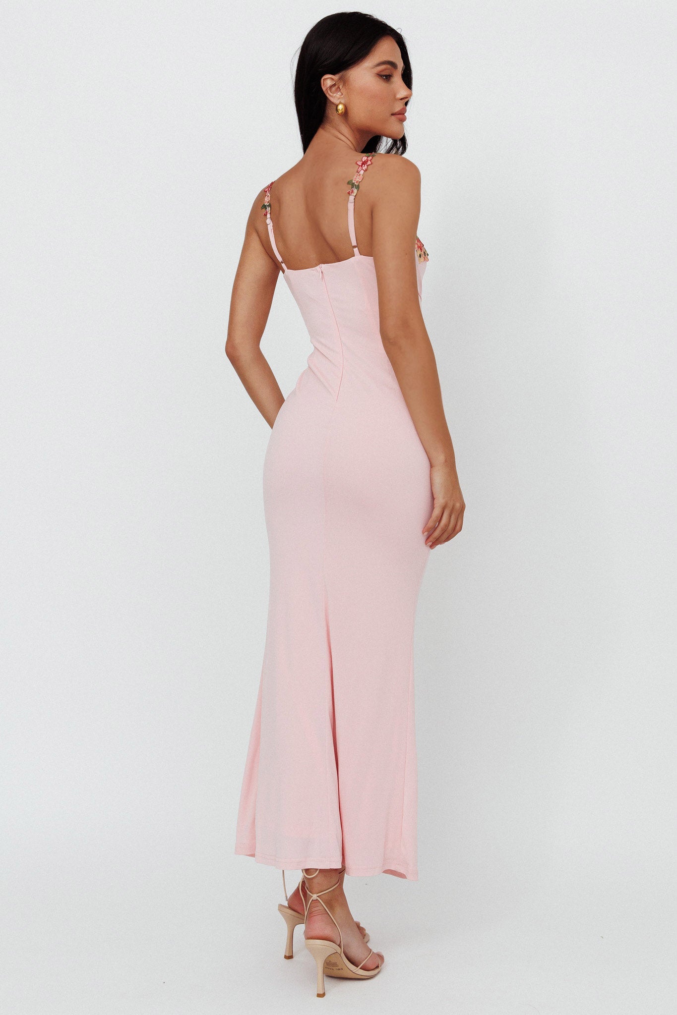 Rose Garden Floral Applique Laced Midi Dress Baby Pink-Maymioy