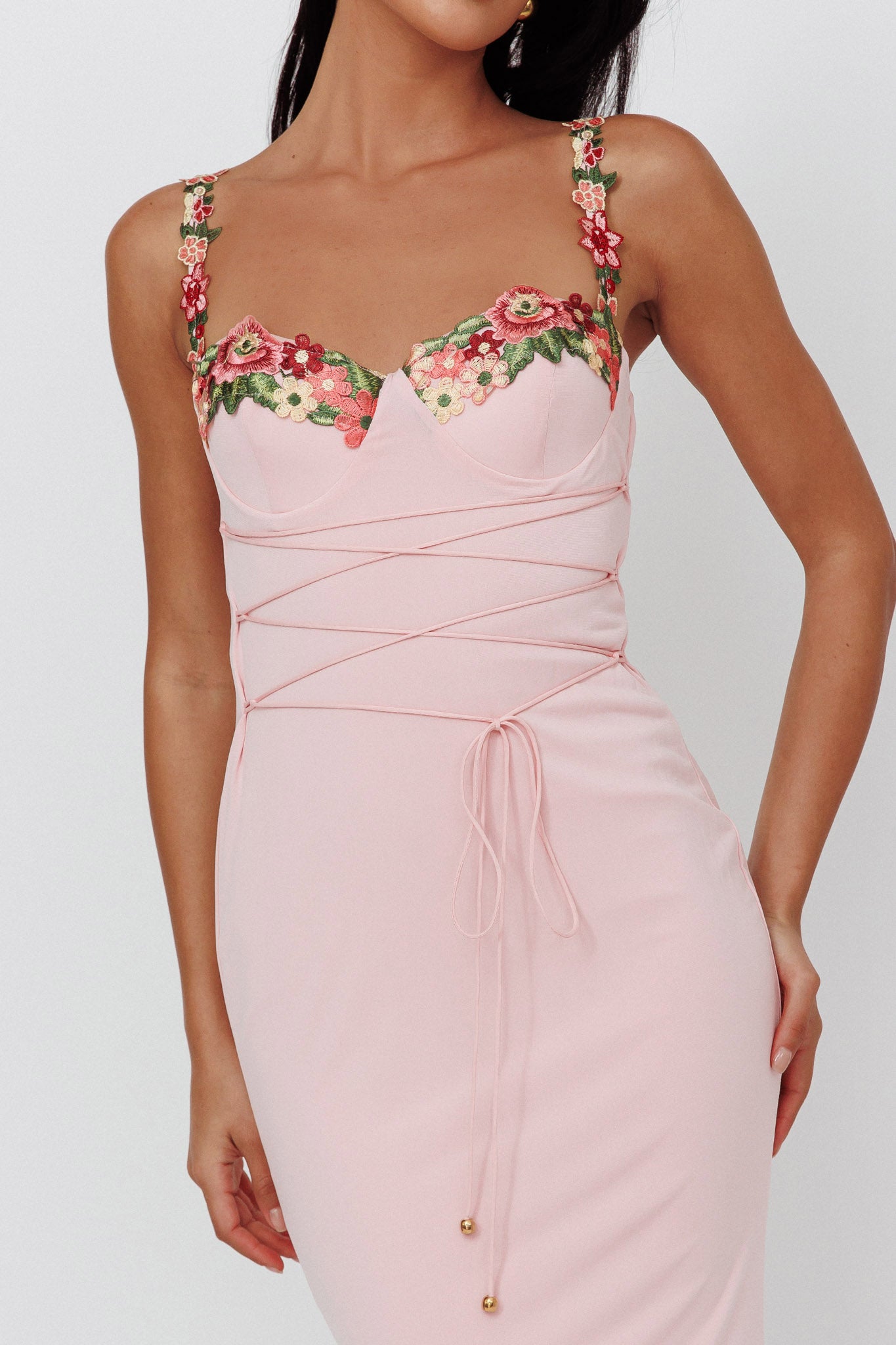 Rose Garden Floral Applique Laced Midi Dress Baby Pink-Maymioy