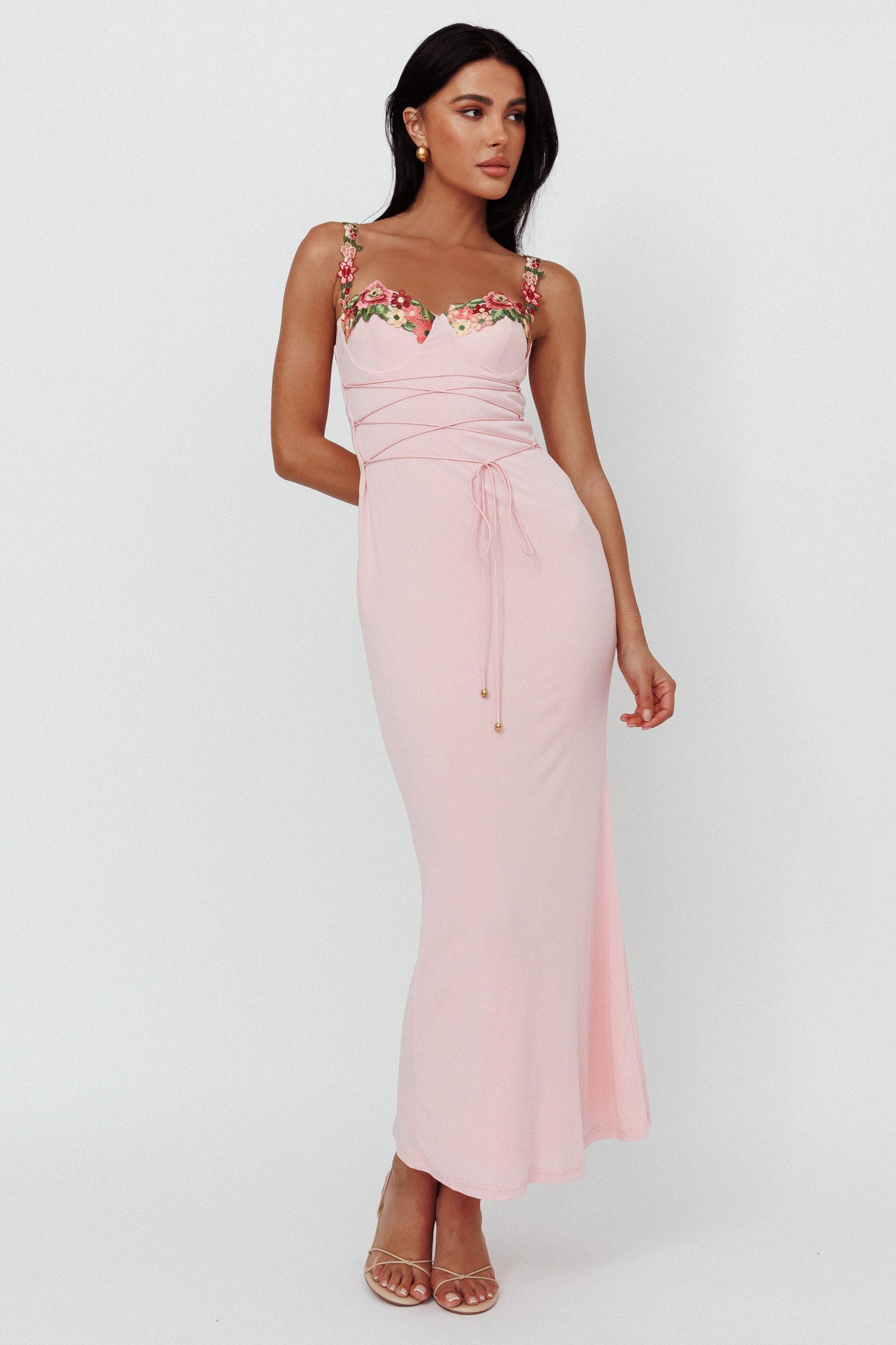 Rose Garden Floral Applique Laced Midi Dress Baby Pink-Maymioy