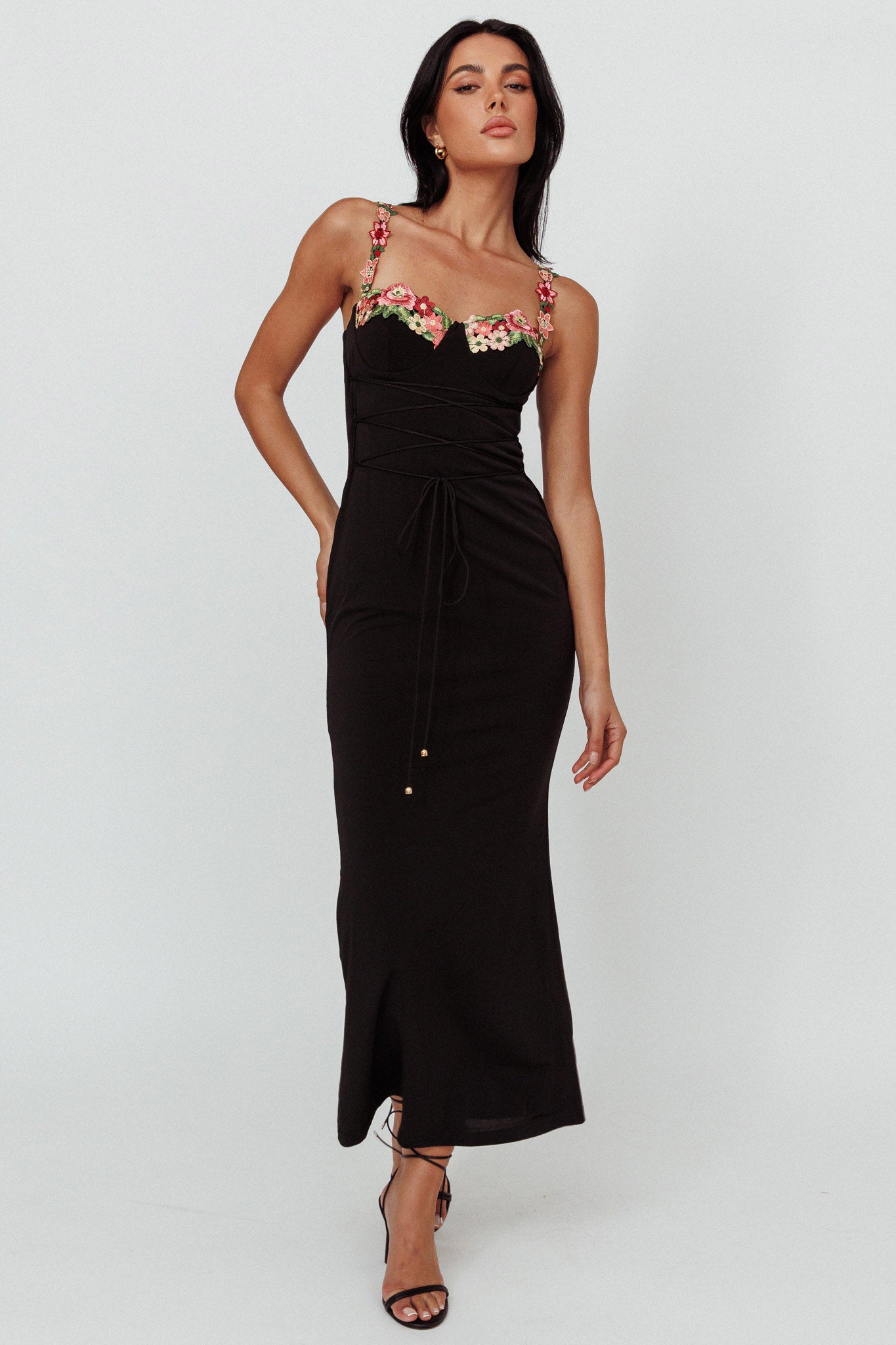 Rose Garden Floral Applique Laced Midi Dress Black-Maymioy