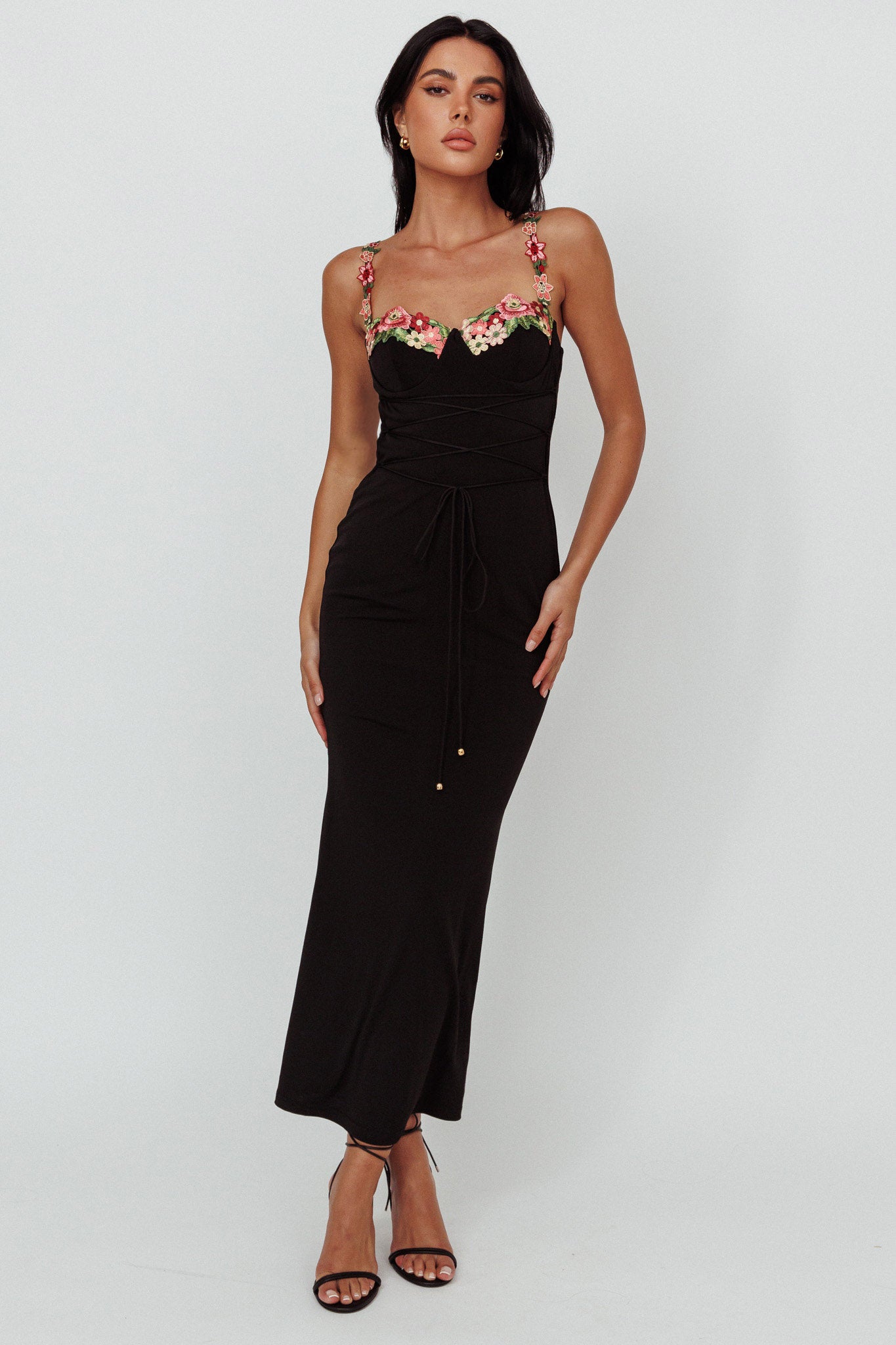 Rose Garden Floral Applique Laced Midi Dress Black-Maymioy