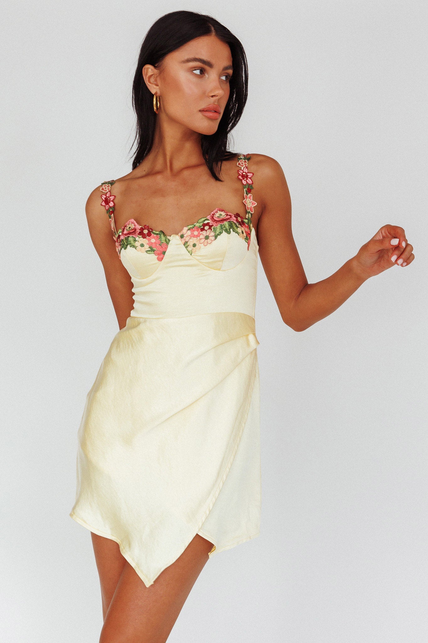 Rose Garden Floral Applique Wrap Mini Dress Lemon-Maymioy