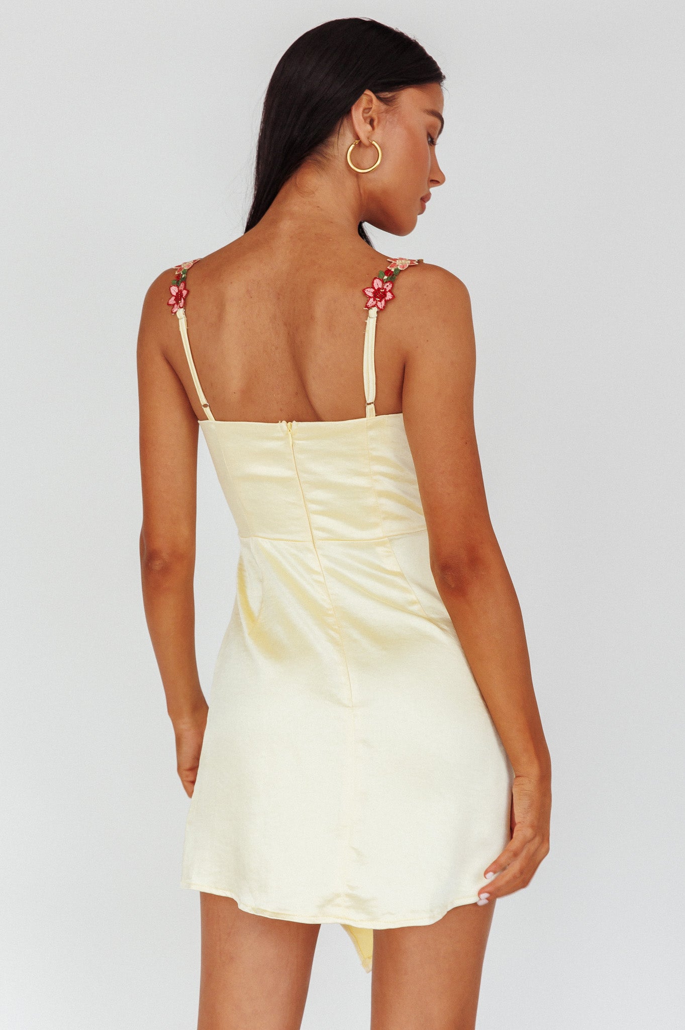 Rose Garden Floral Applique Wrap Mini Dress Lemon-Maymioy